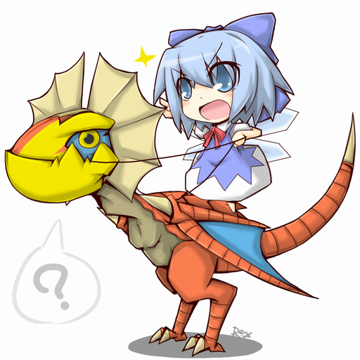 reku, cirno, yian kut-ku, capcom, monster hunter (series), touhou, 1girl, ?, blue eyes, blue hair, bow, chibi, crossover, female focus, hair ribbon, ice, ice wings, matching hair/eyes, reins, ribbon, riding, smile, solo, sparkle, speech bubble, spoken question mark, tail, wings