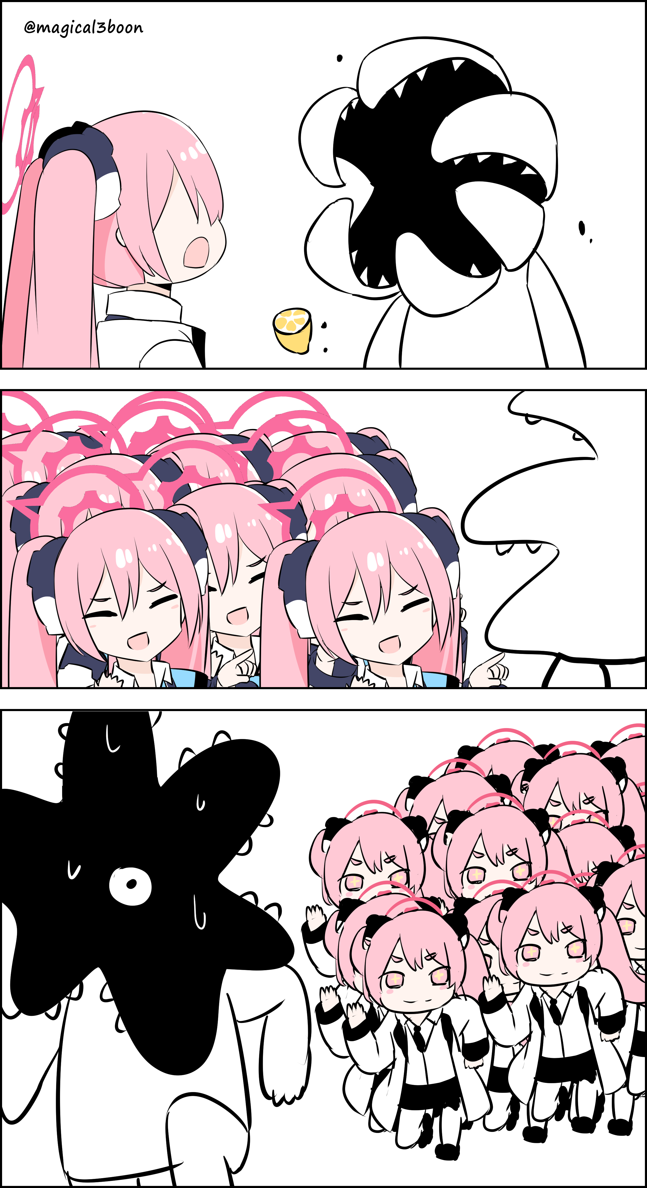 threeboon, koyuki (blue archive), blue archive, kiseijuu, absurdres, highres, + +, 6+girls, blue archive 2025 hack, clone, food, freaky satono diamond (meme), fruit, lemon, meme, monster, multiple girls, running, smile, twintails