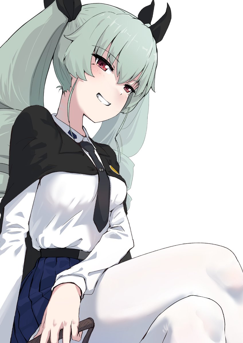 buchikaki, anchovy (girls und panzer), girls und panzer, highres, 1girl, anzio school uniform, blush, breasts, cape, drill hair, green hair, hair ribbon, long hair, medium breasts, pantyhose, ribbon, school uniform, simple background, solo, twin drills, twintails, white background, white pantyhose