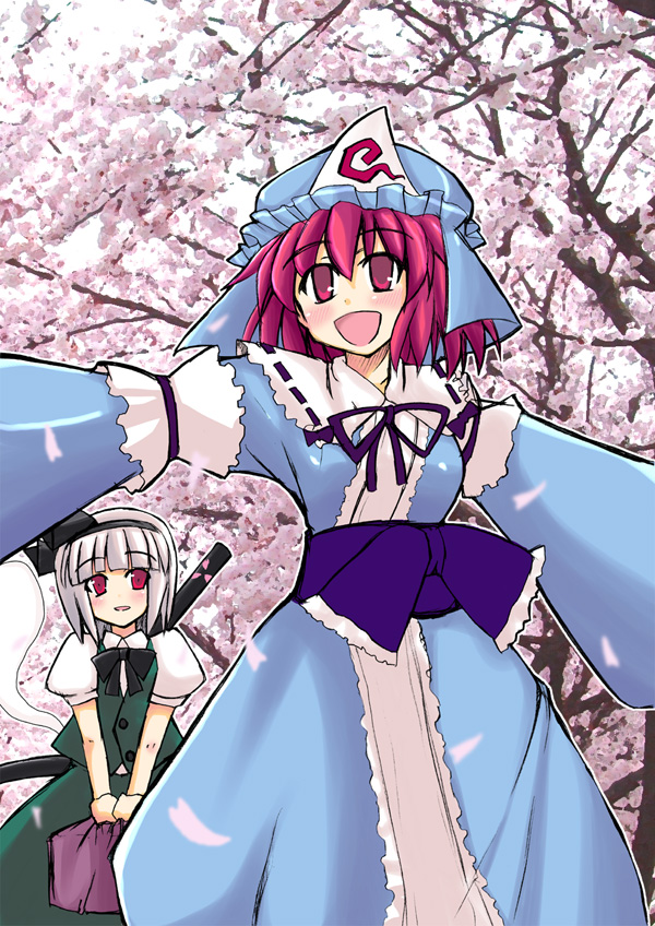 kurousou, konpaku youmu, konpaku youmu (ghost), saigyouji yuyuko, touhou, silver hair, 2girls, :d, blue dress, blunt bangs, cowboy shot, dress, female focus, green dress, hair ribbon, hairband, hat, hitodama, mob cap, multiple girls, open mouth, own hands together, pink eyes, pink hair, puffy short sleeves, puffy sleeves, red eyes, ribbon, sash, short hair, short sleeves, smile, triangular headpiece