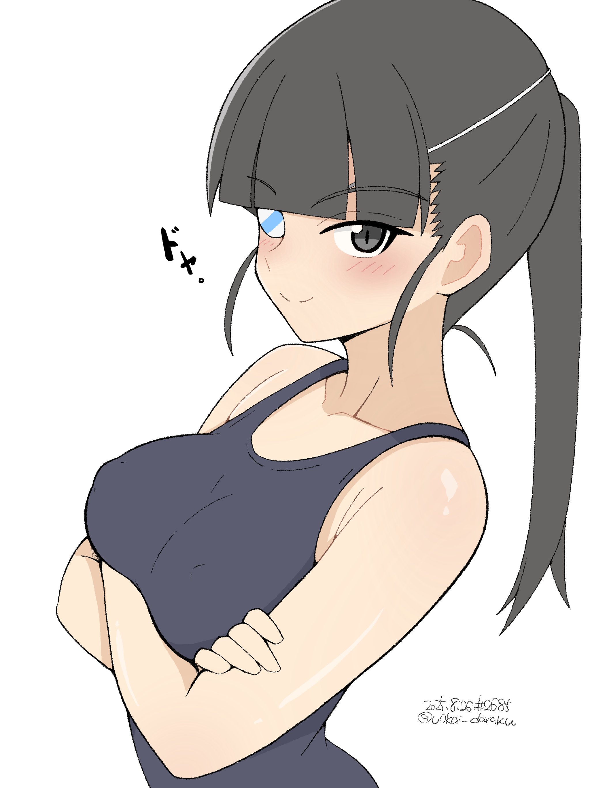 unkai daraku, sakamoto mio, strike witches, world witches series, absurdres, highres, 1girl, black eyes, black hair, blue one-piece swimsuit, blush, breasts, closed mouth, collarbone, crossed arms, eyepatch, large breasts, long hair, looking at viewer, one-piece swimsuit, ponytail, simple background, smile, solo, swimsuit, upper body, white background
