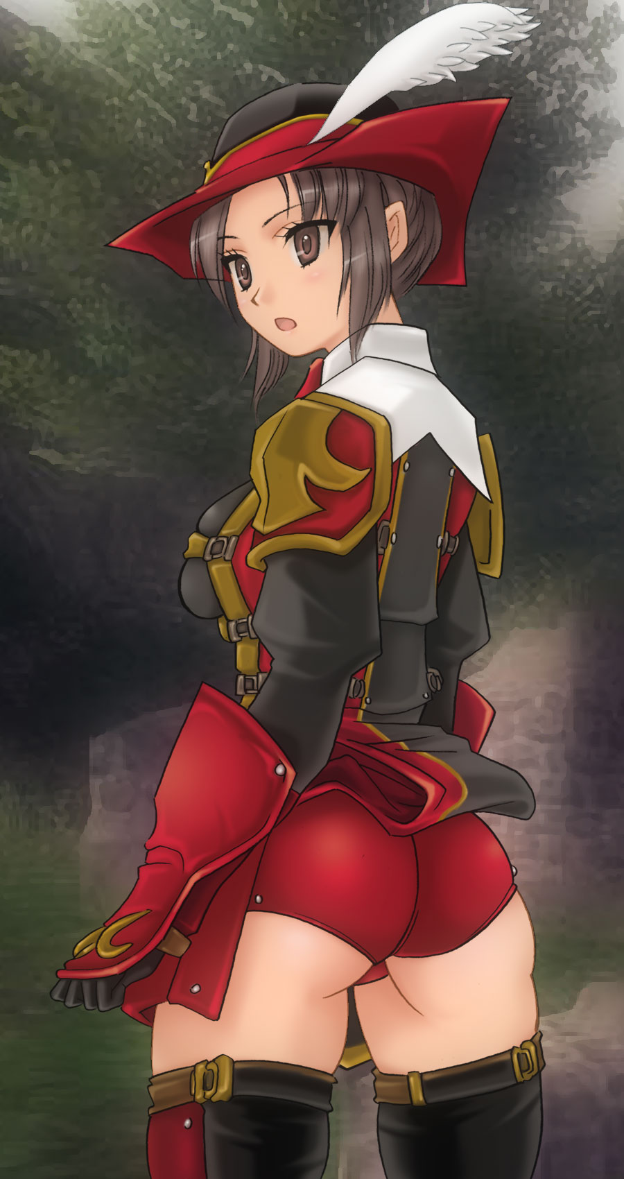 cloritin, red mage (final fantasy), final fantasy, final fantasy xi, highres, 00s, 1girl, :o, ass, belt, brown eyes, brown hair, feathers, female focus, gloves, hat, hume, short hair, short shorts, shorts, skindentation, solo, thighhighs