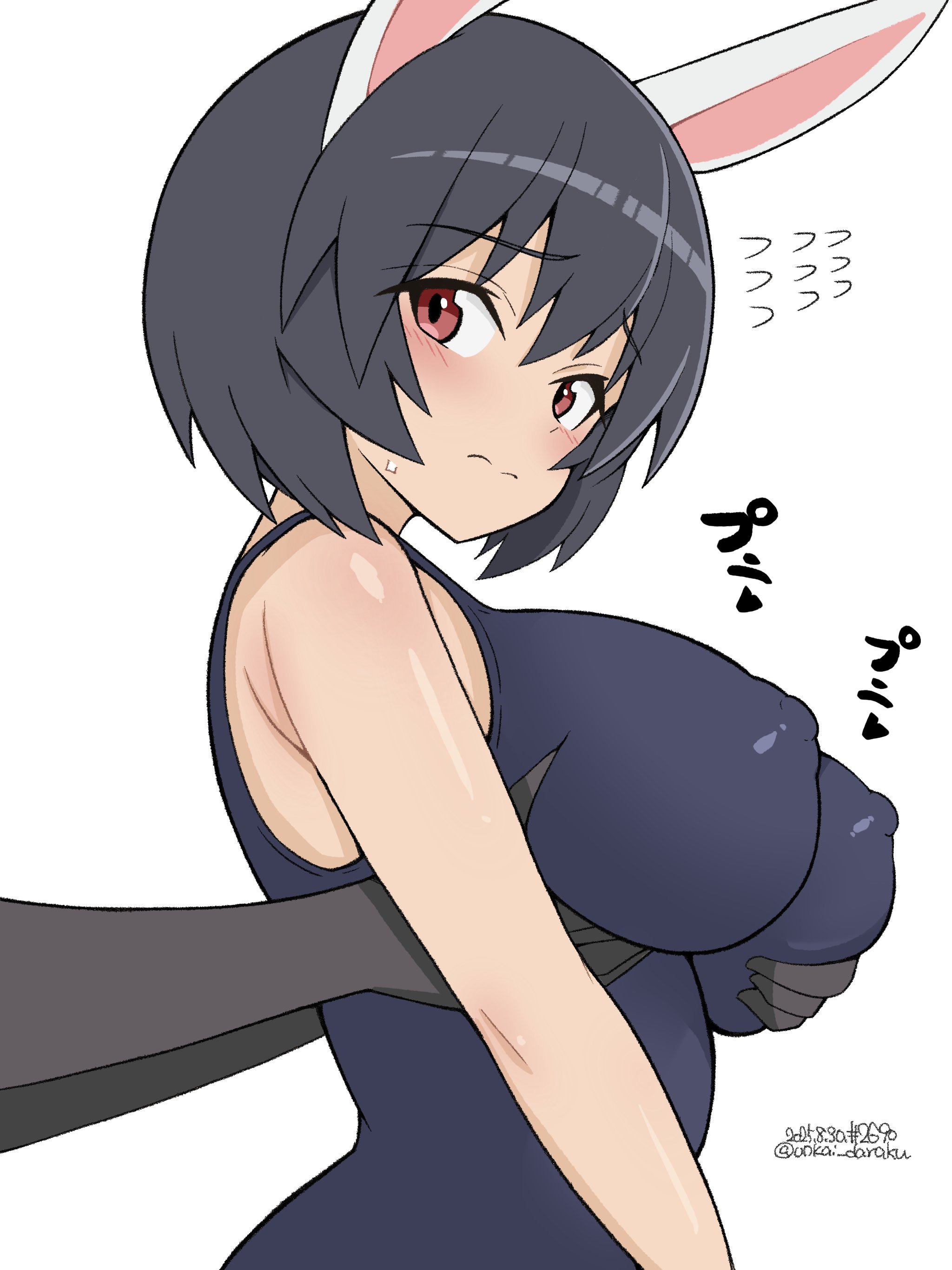 unkai daraku, shimohara sadako, brave witches, world witches series, absurdres, highres, 1boy, 1girl, animal ears, black hair, blue one-piece swimsuit, blush, breasts, closed mouth, dated, grabbing another's breast, grabbing from behind, groping, large breasts, one-piece swimsuit, rabbit ears, red eyes, short hair, signature, simple background, sweat, swimsuit, upper body, white background