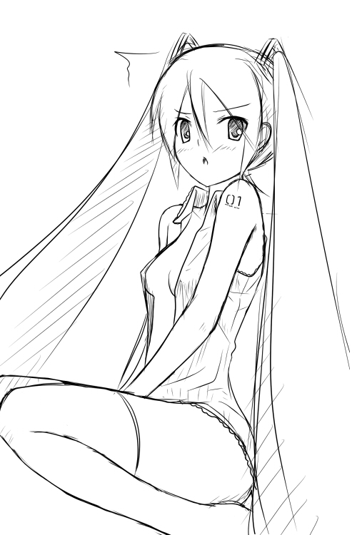 yoshino gaya, hatsune miku, vocaloid, 1girl, female focus, greyscale, long hair, monochrome, solo, thighhighs, twintails, very long hair