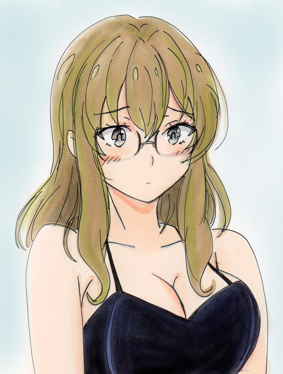 potekite, futaba rio, seishun buta yarou, highres, marker (medium), traditional media, 1girl, bare arms, bare shoulders, blush, breasts, brown hair, cleavage, closed mouth, collarbone, glasses, grey eyes, hair between eyes, large breasts, long hair, simple background, solo