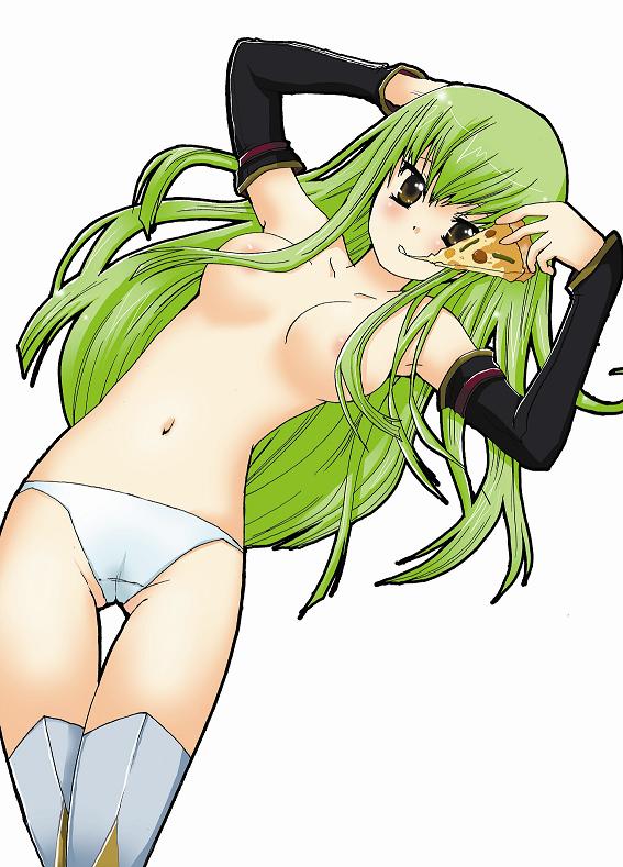 c.c., code geass, 00s, 1girl, breasts, cheese, cheese trail, female focus, food, medium breasts, panties, pizza, pizza slice, solo, thigh gap, thighhighs, thighs, topless female, underwear
