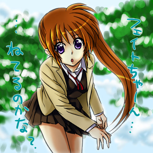 hachi (hachikai), takamachi nanoha, lyrical nanoha, mahou shoujo lyrical nanoha, mahou shoujo lyrical nanoha strikers, lowres, 00s, brown hair, long hair, miniskirt, ponytail, purple eyes, skirt, solo