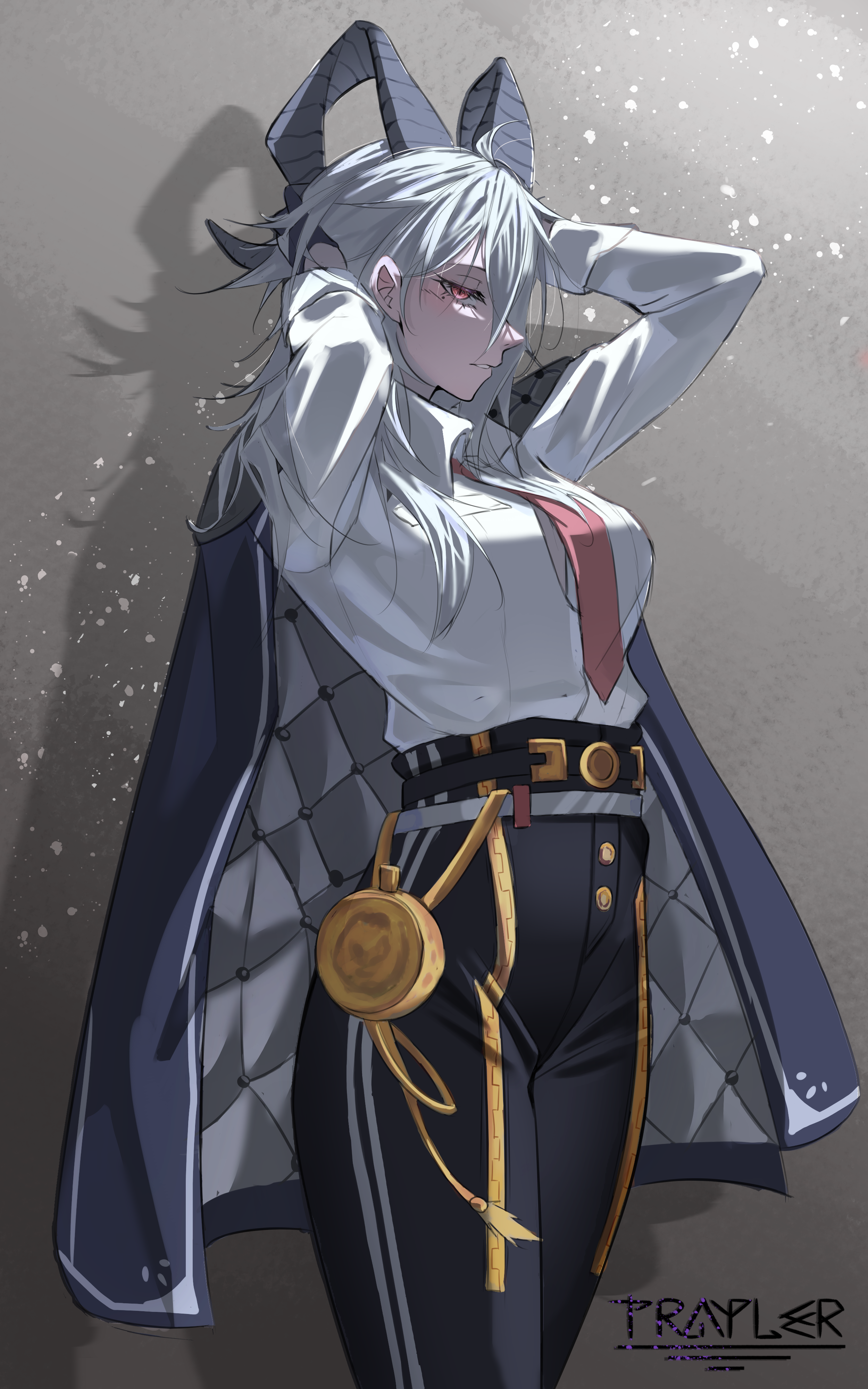 zani (wuthering waves), wuthering waves, absurdres, commentary, highres, 1girl, arms up, artist name, black gloves, black horns, black jacket, black pants, breasts, collared shirt, curled horns, gloves, grey hair, horns, jacket, jacket on shoulders, large breasts, long hair, looking at viewer, mole, mole under eye, necktie, pants, parted lips, red eyes, red necktie, shirt, shirt tucked in, sideways glance, solo, trayler, white shirt