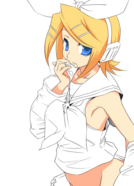 hermmy, kagamine rin, vocaloid, unfinished, 1girl, armpits, blonde hair, blue eyes, detached sleeves, female focus, groin, hair ornament, hair ribbon, hairclip, headset, partially colored, ribbon, school uniform, serafuku, short hair, solo