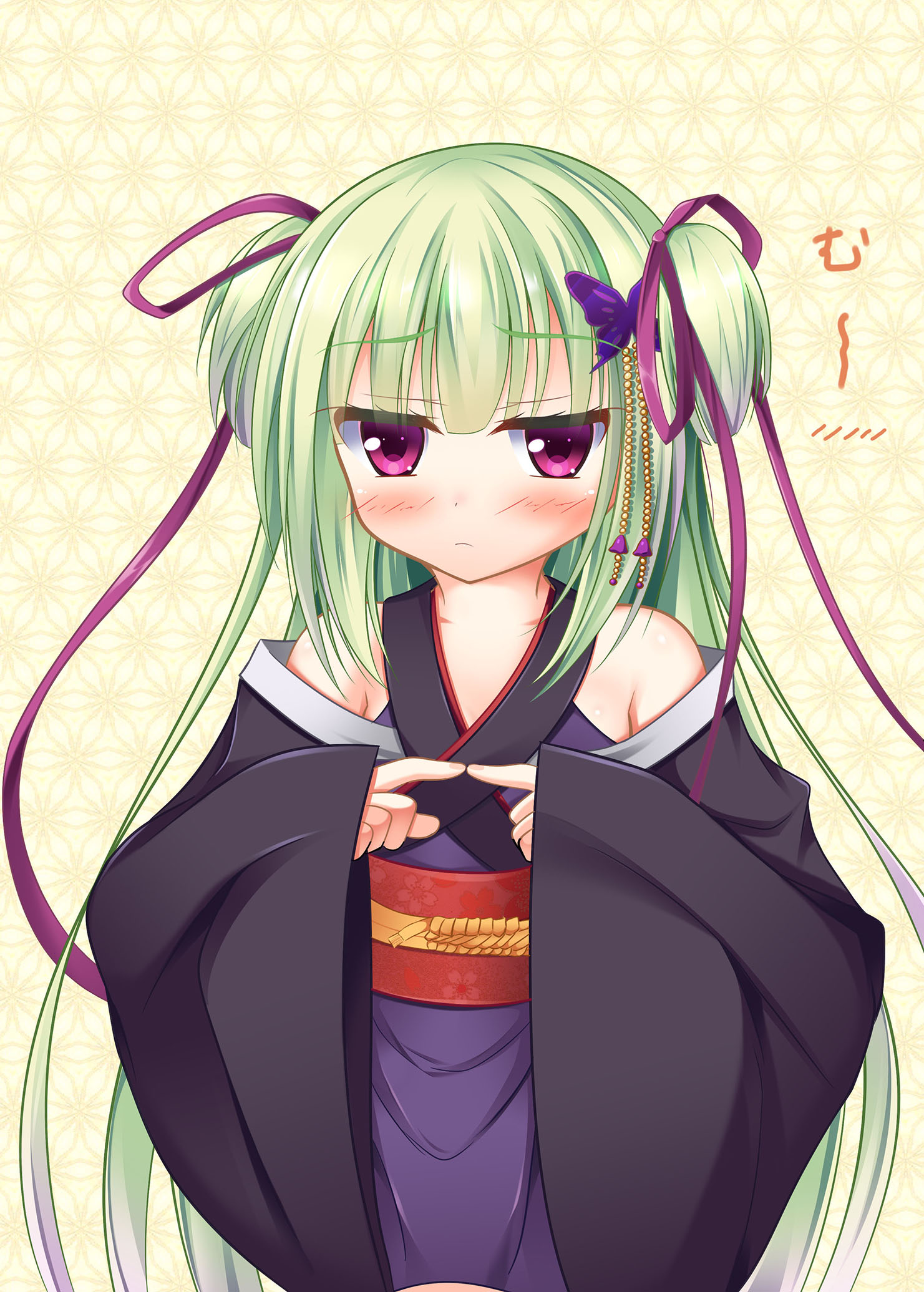shrimp 3, murasame (senren), senren banka, commentary request, highres, 1girl, bare shoulders, black kimono, blunt bangs, blush, butterfly hair ornament, closed mouth, collarbone, cowboy shot, criss-cross halter, eyelashes, eyes visible through hair, fidgeting, frown, furrowed brow, green hair, hair ornament, hair ribbon, halterneck, hands up, index fingers together, japanese clothes, kimono, long hair, long ribbon, looking at viewer, purple ribbon, red eyes, red sash, ribbon, sash, sidelocks, simple background, sleeves past wrists, solo, sound effects, straight hair, two side up, very long hair, wide sleeves, yellow background