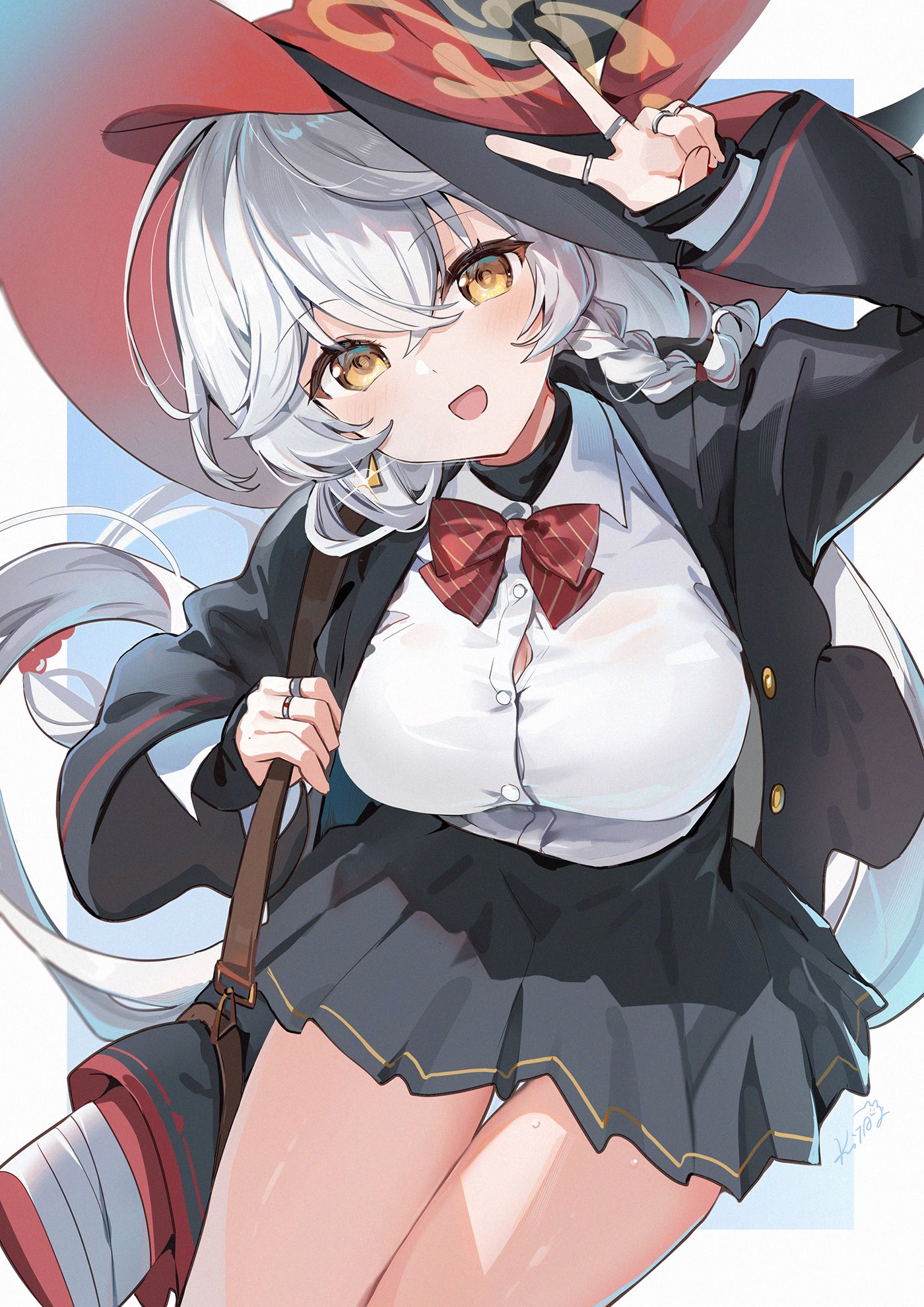 kita (kitairoha), eri (blue archive), blue archive, commentary, highres, 1girl, black jacket, black skirt, blush, bow, bowtie, braid, breasts, brown halo, button gap, earrings, hair between eyes, halo, hat, jacket, jewelry, large breasts, long hair, long sleeves, looking at viewer, miniskirt, multiple rings, open clothes, open jacket, open mouth, pleated skirt, red bow, red bowtie, ring, shirt, side halo, simple background, skirt, smile, solo, striped bow, striped bowtie, striped clothes, thigh gap, thighs, tilted halo, v, white hair, white shirt, witch hat