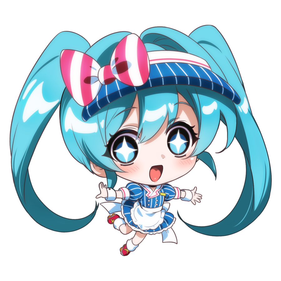 shulliy baudelair, hatsune miku, mesmerizer (vocaloid), vocaloid, commentary, + +, 1girl, apron, blue eyes, blue hair, blush, chibi, dress, frilled dress, frills, full body, long hair, looking at viewer, open mouth, outstretched arms, roller skates, short hair, skates, smile, socks, solo, standing, standing on one leg, striped clothes, striped dress, twintails, vertical-striped clothes, vertical-striped dress, very long hair, visor cap, waist apron, waitress, wrist cuffs