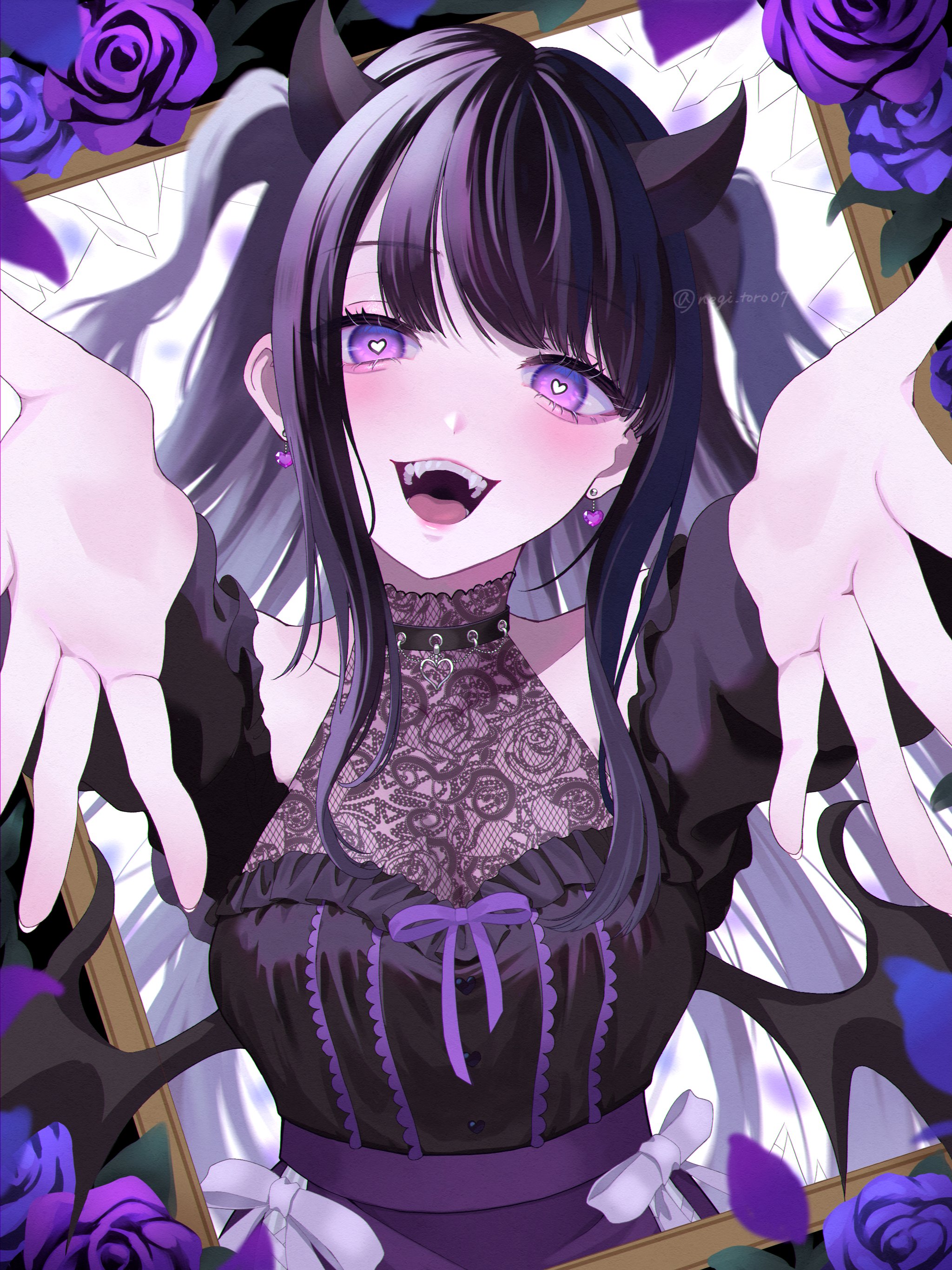 amanegi toro, original, absurdres, commentary, highres, 1girl, :d, aegyo sal, bare shoulders, beckoning, black collar, black hair, black horns, black shirt, black wings, bow, bow skirt, breasts, bright pupils, broken glass, choppy bangs, clothing cutout, collar, demon girl, demon horns, demon wings, dress, earrings, fangs, fingernails, flower, foreshortening, glass, halter dress, halterneck, happy, heart, heart-shaped pupils, heart collar, heart earrings, high-waist skirt, horns, jewelry, lace, light blush, long hair, long sleeves, looking at viewer, low wings, medium breasts, open hands, open mouth, outstretched arms, picture frame, purple eyes, purple flower, purple hair, purple ribbon, purple rose, purple skirt, ribbon, rose, see-through cleavage, see-through clothes, shirt, shoulder cutout, sidelocks, skirt, smile, solo, straight-on, symbol-shaped pupils, through medium, through painting, two side up, upper body, white background, white bow, white pupils, wings