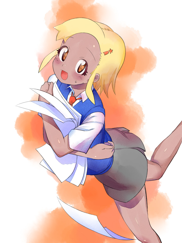lunch (shin new), angol mois, keroro gunsou, 1girl, blonde hair, blush, dark-skinned female, dark skin, female focus, gyaru, kogal, leaning forward, necktie, short hair, skirt, solo
