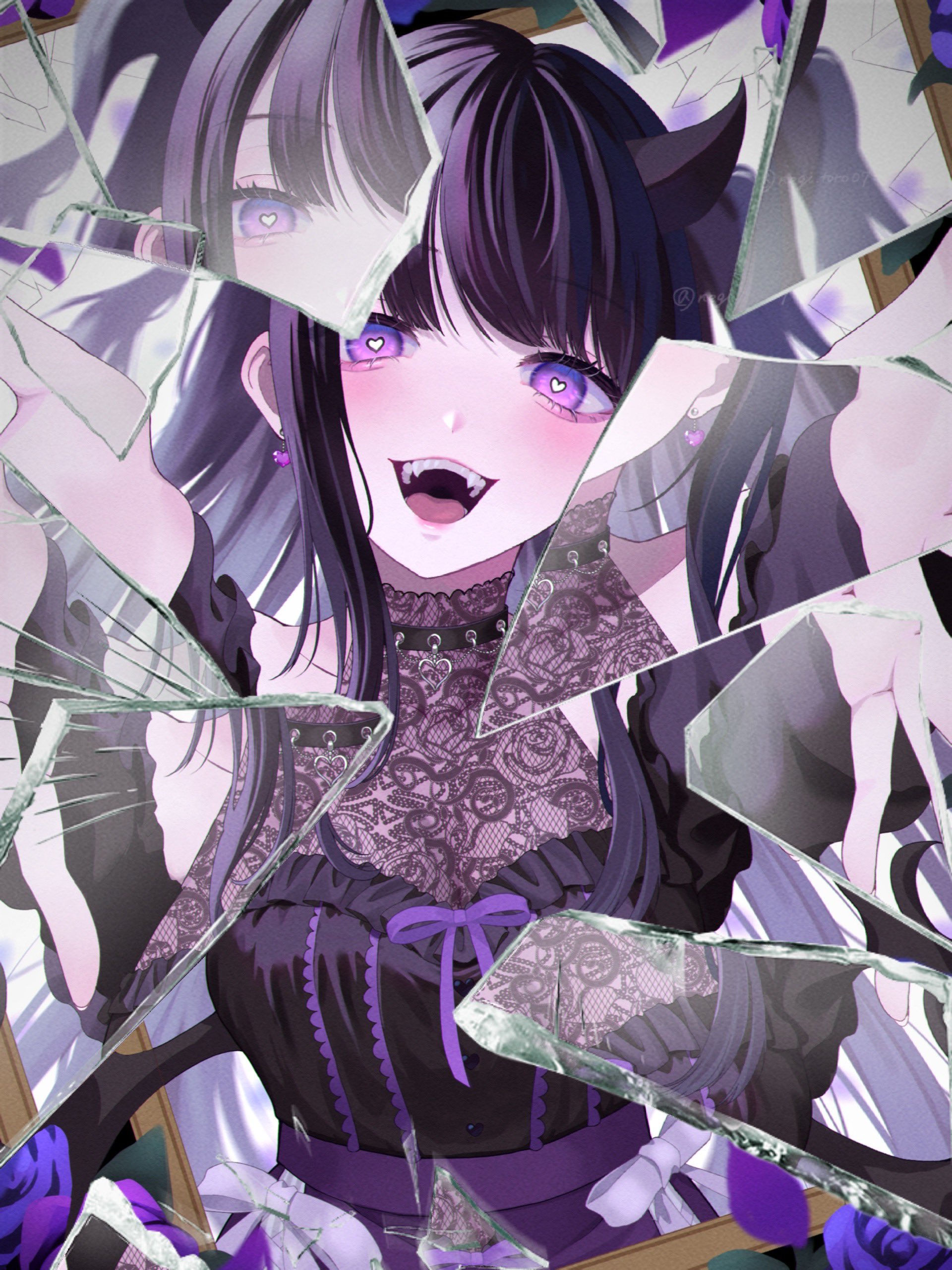 amanegi toro, original, absurdres, commentary, highres, 1girl, :d, aegyo sal, bare shoulders, beckoning, black collar, black hair, black horns, black shirt, black wings, bow, bow skirt, breasts, bright pupils, broken glass, choppy bangs, clothing cutout, collar, demon girl, demon horns, demon wings, dress, earrings, fangs, fingernails, flower, foreshortening, glass, halter dress, halterneck, happy, heart, heart-shaped pupils, heart collar, heart earrings, high-waist skirt, horns, jewelry, lace, light blush, long hair, long sleeves, looking at viewer, low wings, medium breasts, open hands, open mouth, outstretched arms, picture frame, purple eyes, purple flower, purple hair, purple ribbon, purple rose, purple skirt, ribbon, rose, see-through cleavage, see-through clothes, shirt, shoulder cutout, sidelocks, skirt, smile, solo, straight-on, symbol-shaped pupils, through medium, through painting, two side up, upper body, white background, white bow, white pupils, wings