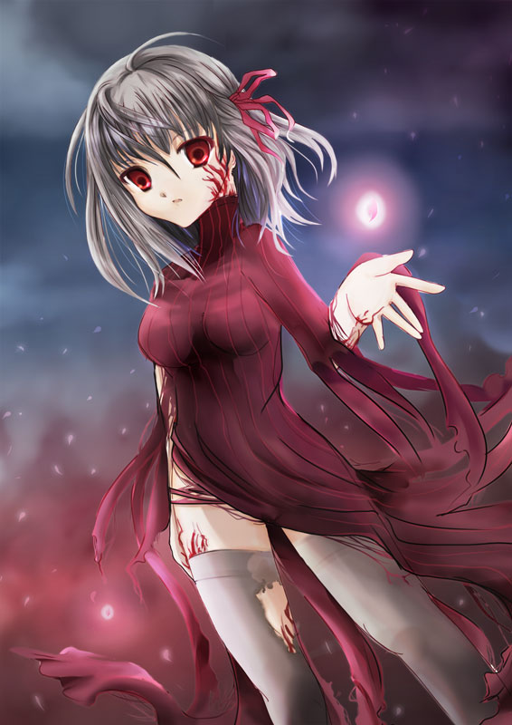 mahouni, dark matou sakura, dark sakura, matou sakura, fate/stay night, fate (series), striped, 00s, 1girl, blood, breasts, dutch angle, female focus, floating, floating object, glowing, grey thighhighs, large breasts, long hair, looking at viewer, orb, red eyes, red hair, short hair, side slit, solo, standing, thighhighs, torn clothes, torn thighhighs, turtleneck
