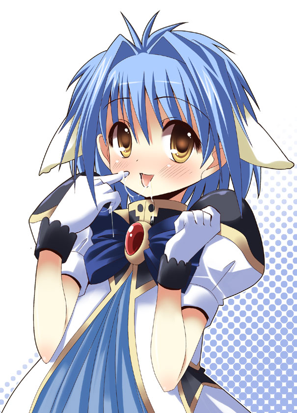 shinshin, mint blancmanche, broccoli (company), galaxy angel, 00s, 1girl, animal ears, blue hair, blush, cum, cum string, female focus, halftone, jewelry, polka dot, polka dot background, short hair, solo, tongue, yellow eyes