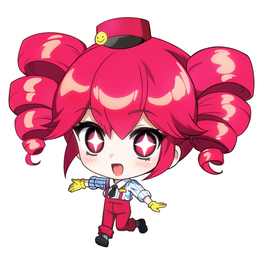 shulliy baudelair, kasane teto, mesmerizer (vocaloid), utau, commentary, + +, 1girl, chibi, collared shirt, drill hair, full body, gloves, hat, looking at viewer, necktie, open mouth, outstretched arm, pants, pink eyes, pink hair, shirt, sleeves rolled up, smile, socks, solo, standing, standing on one leg, striped clothes, striped shirt, striped socks, suspenders, twin drills, vertical-striped clothes, vertical-striped socks