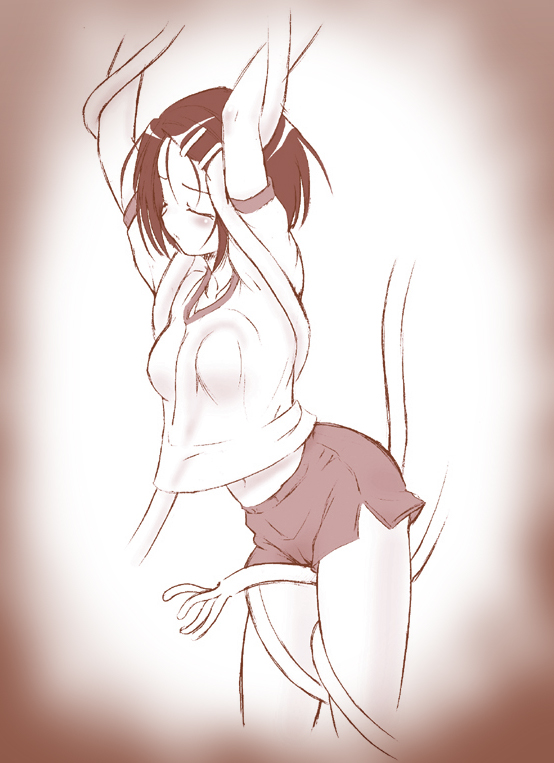 kouda tomohiro, sairenji haruna, to love-ru, 00s, 1girl, arms up, between thighs, blush, closed eyes, female focus, gym uniform, hair ornament, hairclip, midriff, monochrome, red theme, short hair, shorts, solo, tentacles, tentacles under clothes, thighs