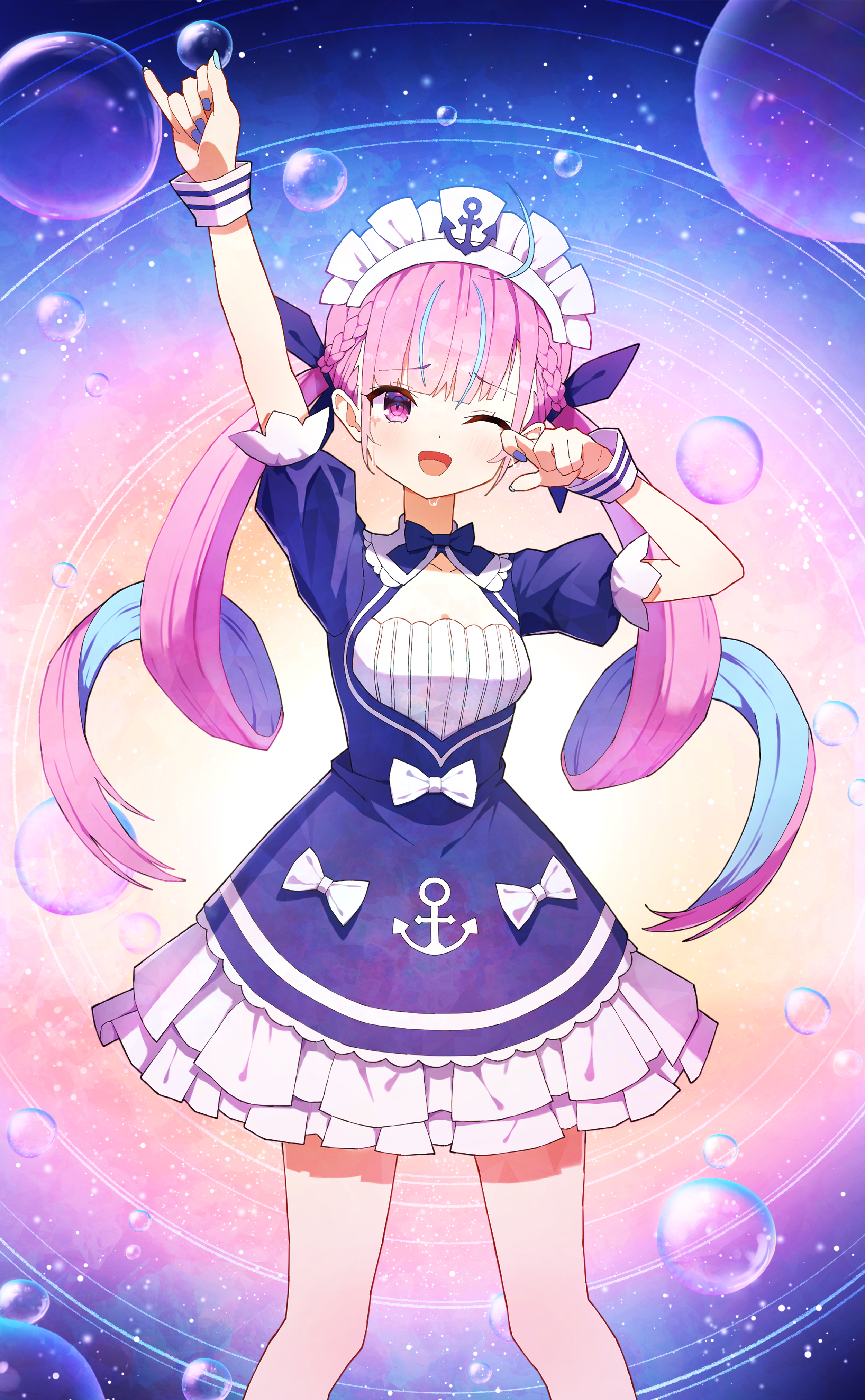 mionohoshi, minato aqua, minato aqua (1st costume), hololive, absurdres, commentary, highres, 1girl, anchor hat ornament, anchor print, anchor symbol, aqua hair, aqua nails, blue background, blue nails, blush, bow, bowtie, braid, breasts, bubble, cleavage, collarbone, colored inner hair, curly hair, dated commentary, dress, fingernails, frilled dress, frills, hair ribbon, hat ornament, long hair, looking at viewer, maid, maid headdress, multicolored hair, nail polish, one eye closed, open mouth, pink eyes, pink hair, purple bow, purple bowtie, purple dress, purple ribbon, ribbon, rubbing eyes, short sleeves, smile, solo, streaked hair, tears, thighs, twintails, two-tone hair, virtual youtuber, white bow, white wrist cuffs, wrist cuffs
