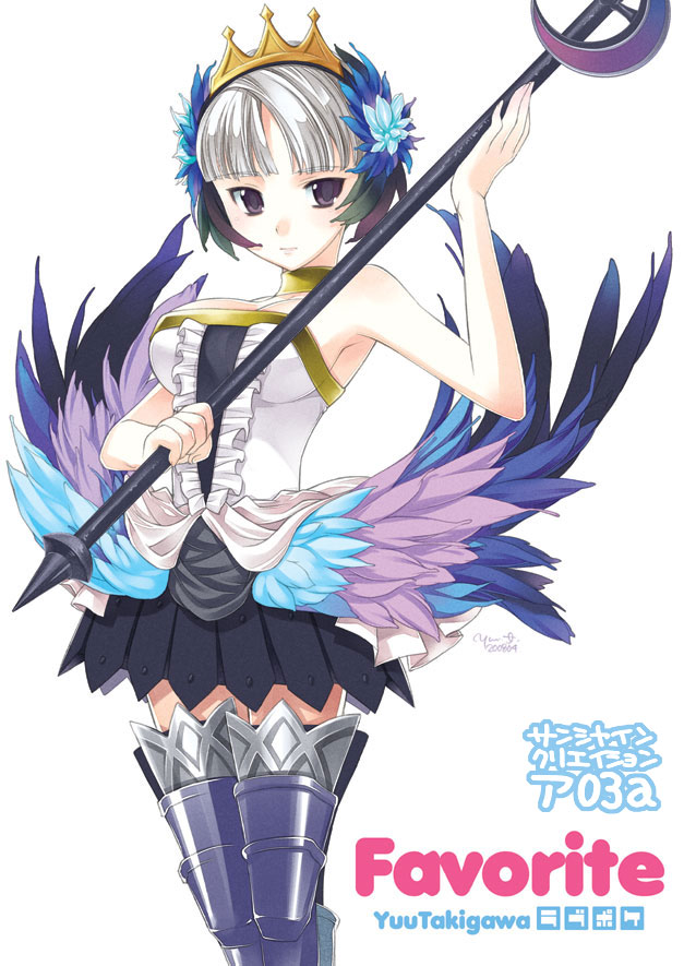 takigawa yuu, gwendolyn (odin sphere), odin sphere, silver hair, scan, 1girl, armor, armored dress, armpits, breasts, choker, cleavage, crown, dress, female focus, flower, hair flower, hair ornament, medium breasts, multicolored wings, pteruges, purple eyes, short hair, skirt, solo, staff, strapless, strapless dress, thighhighs, wings, zettai ryouiki