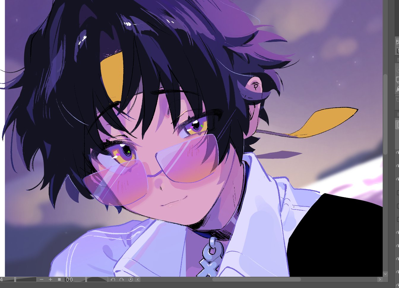 yzyz630, asaba harumasa, zenless zone zero, black hair, collar, hair between eyes, headband, jewelry, looking at viewer, necklace, pink-framed eyewear, purple background, shirt, short hair, smile, sunglasses, white shirt, yellow headband