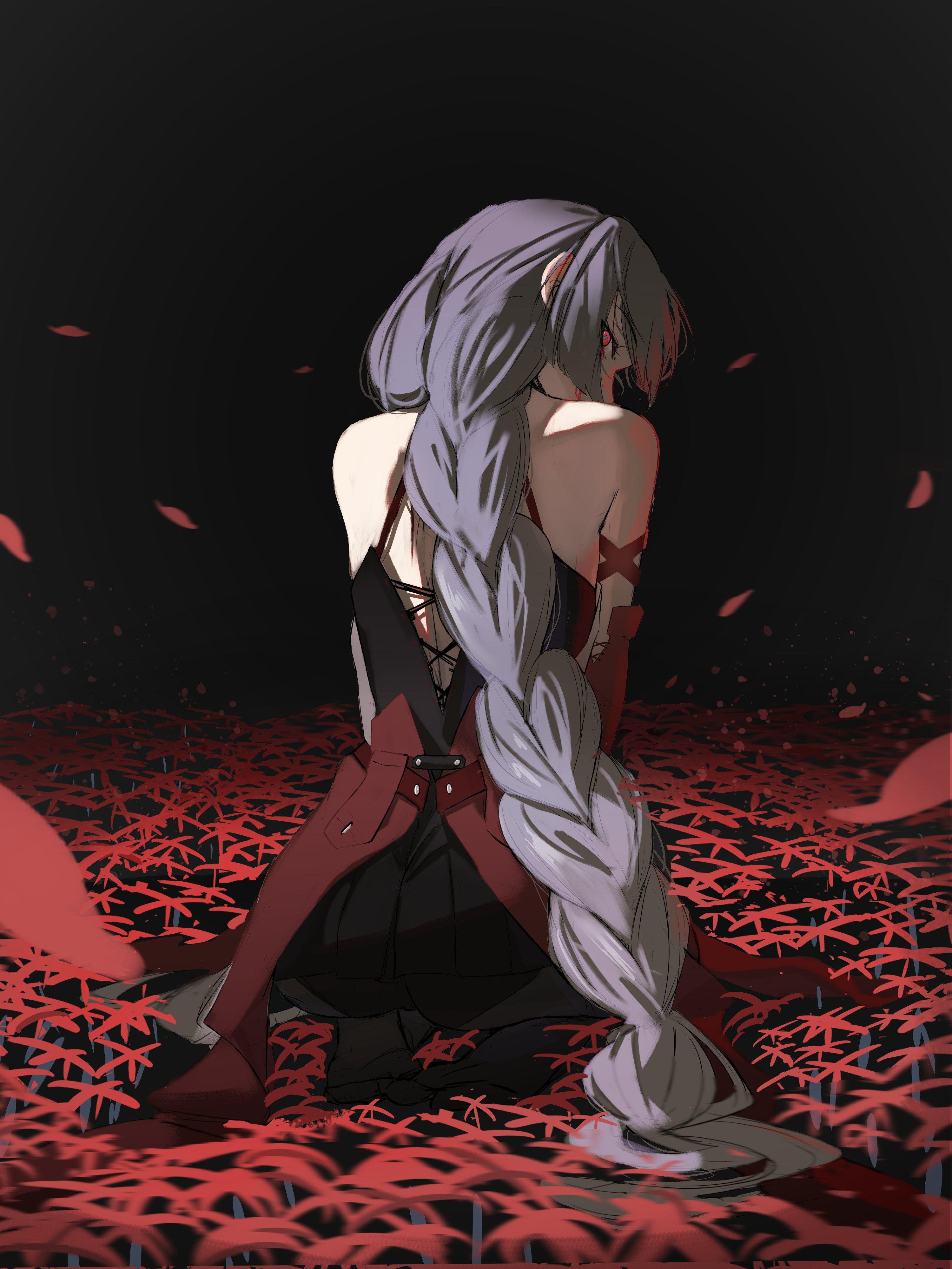 phrolova (wuthering waves), wuthering waves, absurdres, commentary, highres, 1girl, bare shoulders, black pantyhose, black skirt, detached sleeves, dress, flower, from behind, grey hair, long hair, looking at viewer, low-braided long hair, low-tied long hair, no shoes, pantyhose, red dress, red eyes, red petals, seiza, sideways glance, sitting, skirt, solo, spider lily, trayler, very long hair