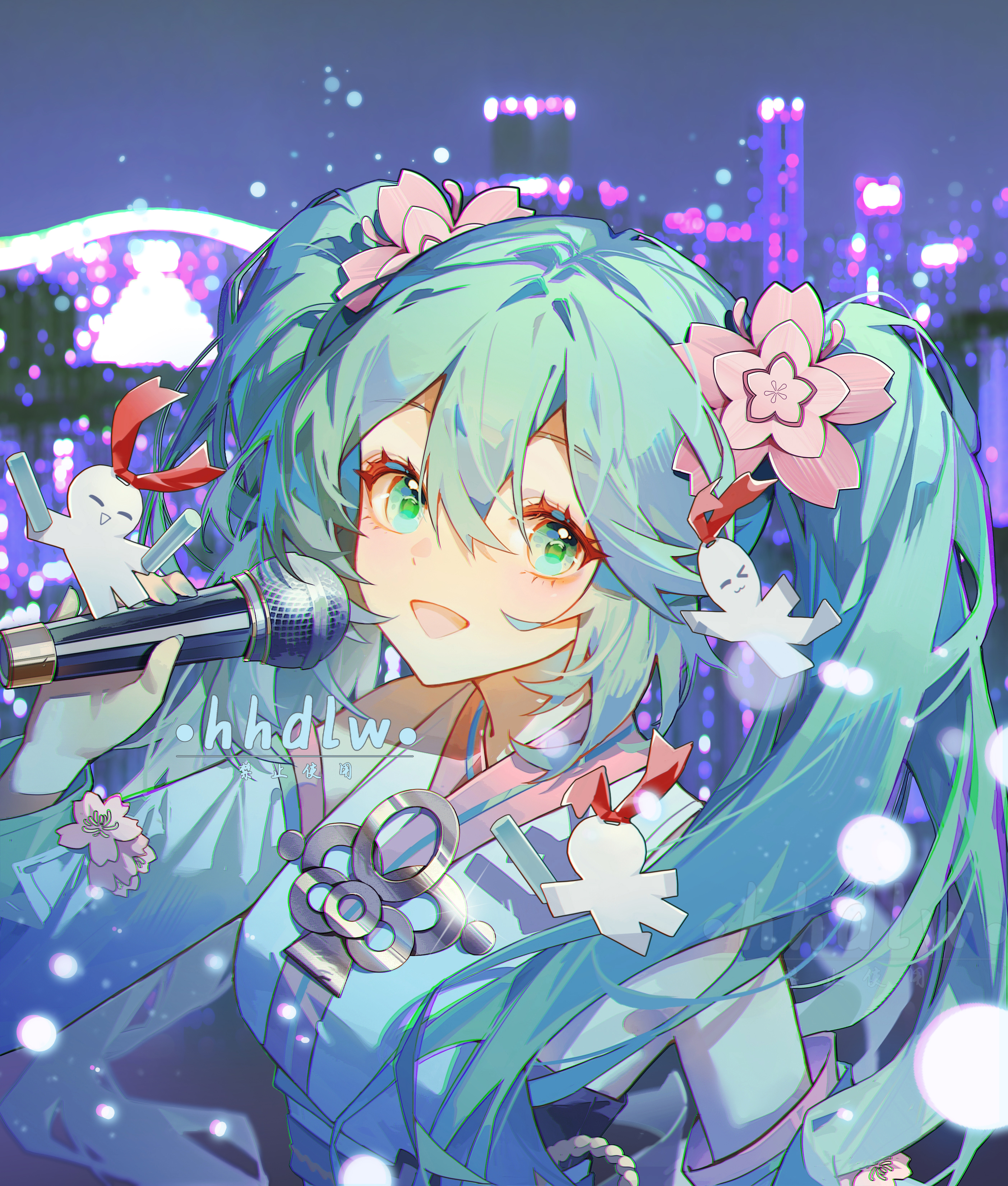 huahua deluwei, hatsune miku, vocaloid, absurdres, highres, 1girl, :d, blue shirt, blue sleeves, detached sleeves, double-parted bangs, flower, green eyes, green hair, hair between eyes, hair flower, hair ornament, holding, holding microphone, long hair, long sleeves, looking at viewer, microphone, open mouth, pink flower, shirt, signature, sleeveless, sleeveless shirt, smile, solo, upper body