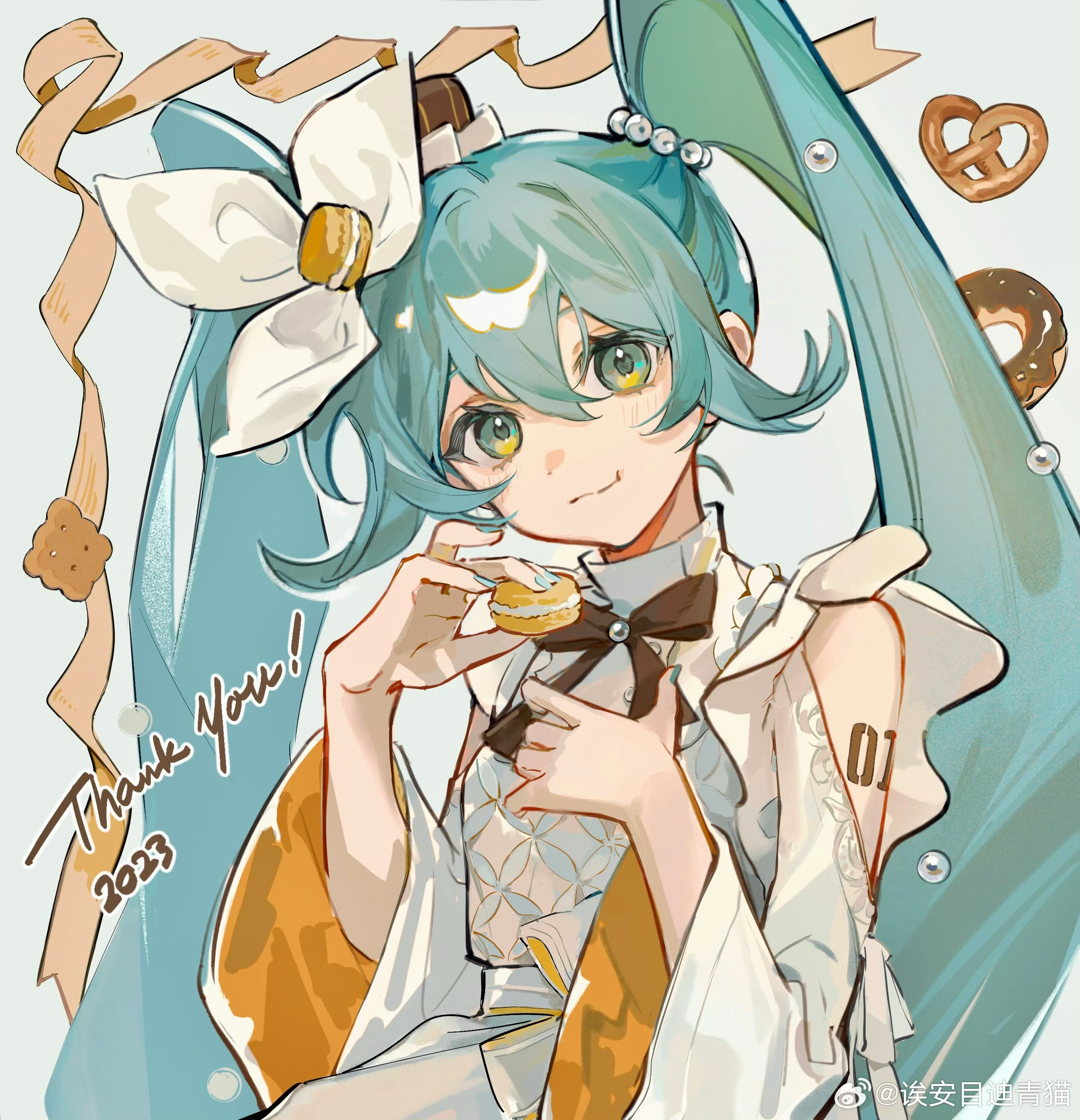 amd aoneko, hatsune miku, vocaloid, absurdres, highres, 1girl, 2023, alternate costume, aqua eyes, aqua hair, brown ribbon, closed mouth, cookie, donut, english text, food, holding, holding cookie, holding food, long hair, looking at viewer, number tattoo, pretzel, ribbon, smile, solo, tattoo, twintails, very long hair