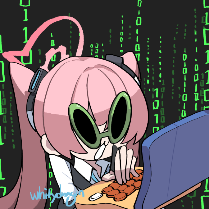 whitydragon, koyuki (blue archive), blue archive, 1girl, :3, alien sunglasses, artist name, binary, black hackerman (meme), blue archive 2025 hack, computer, halo, holding, holding laptop, laptop, meme, number background, parody, pink hair, pink halo, solo, sunglasses, twintails, typing