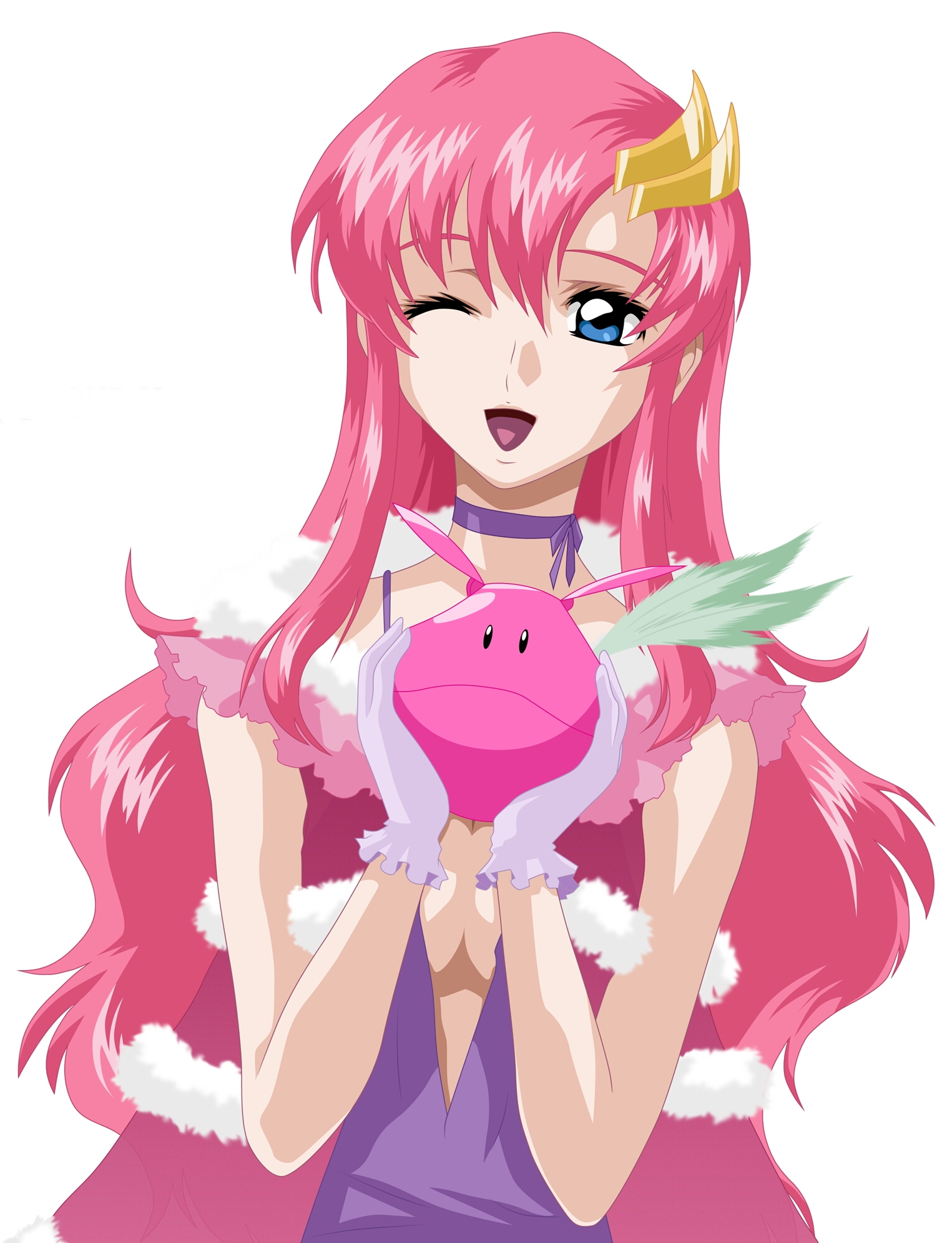 haro, lacus clyne, gundam, gundam seed, highres, 00s, 1girl, blue eyes, breasts, cleavage, coat, feathers, female focus, gloves, hair ornament, hairclip, happy, long hair, medium breasts, one eye closed, open mouth, pink hair, simple background, solo, wink