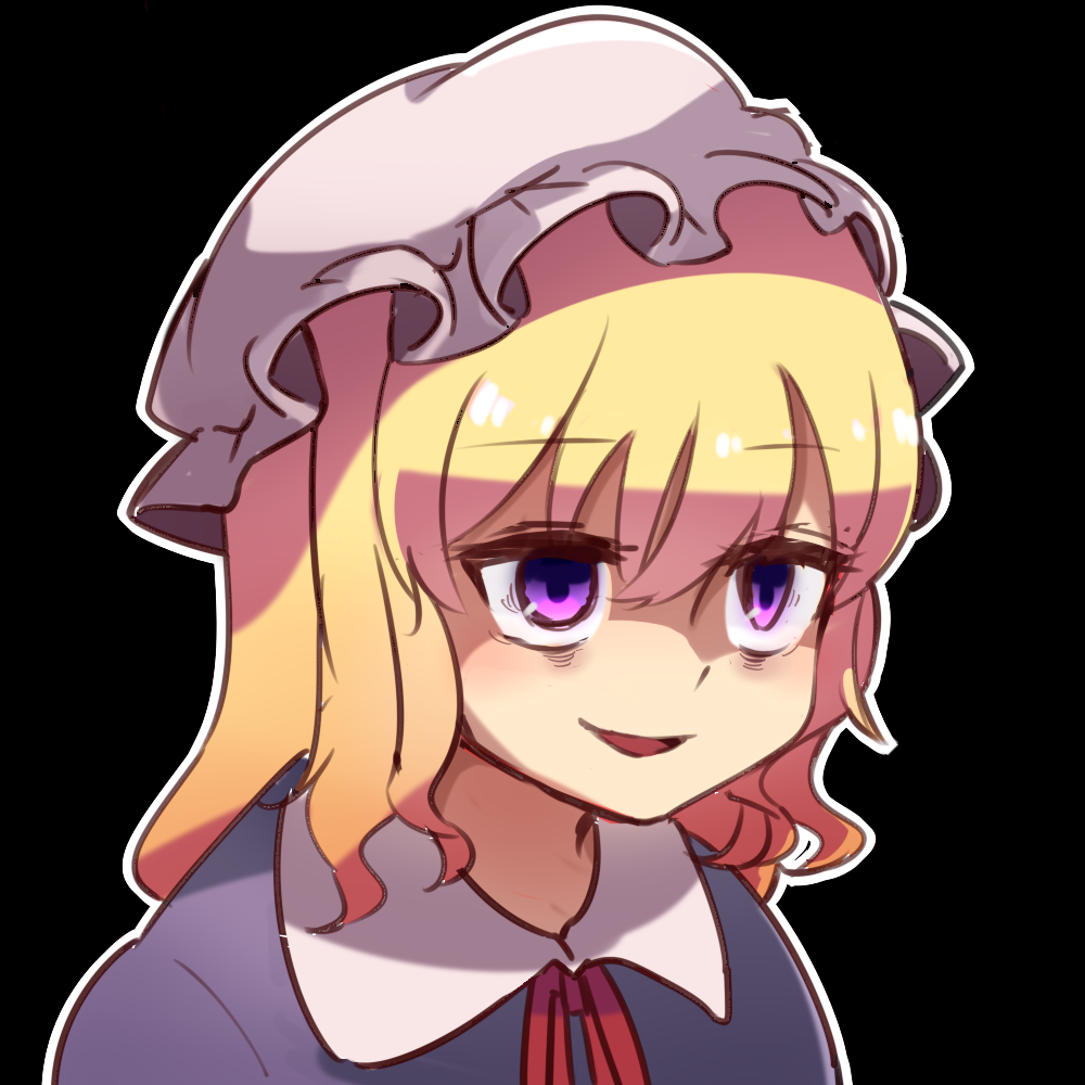 usuaji, maribel hearn, touhou, 1girl, bags under eyes, black background, blonde hair, dress, hat, mob cap, purple dress, purple eyes, solo