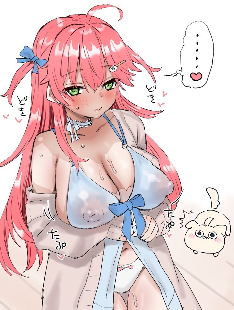 toriani3, kintoki (sakura miko), sakura miko, shirogane noel, shirogane noel (9th costume), hololive, commentary request, translation request, …, 1girl, ahoge, babydoll, blue babydoll, blue ribbon, blush, bow, bow panties, breasts, choker, cleavage, cosplay, frilled choker, frills, green eyes, hair between eyes, hair ornament, hair ribbon, hairclip, heart, large breasts, long hair, looking at viewer, panties, pink hair, red bow, ribbon, shirogane noel (cosplay), shirt ribbon, smile, solo, spoken heart, underwear, virtual youtuber, white panties