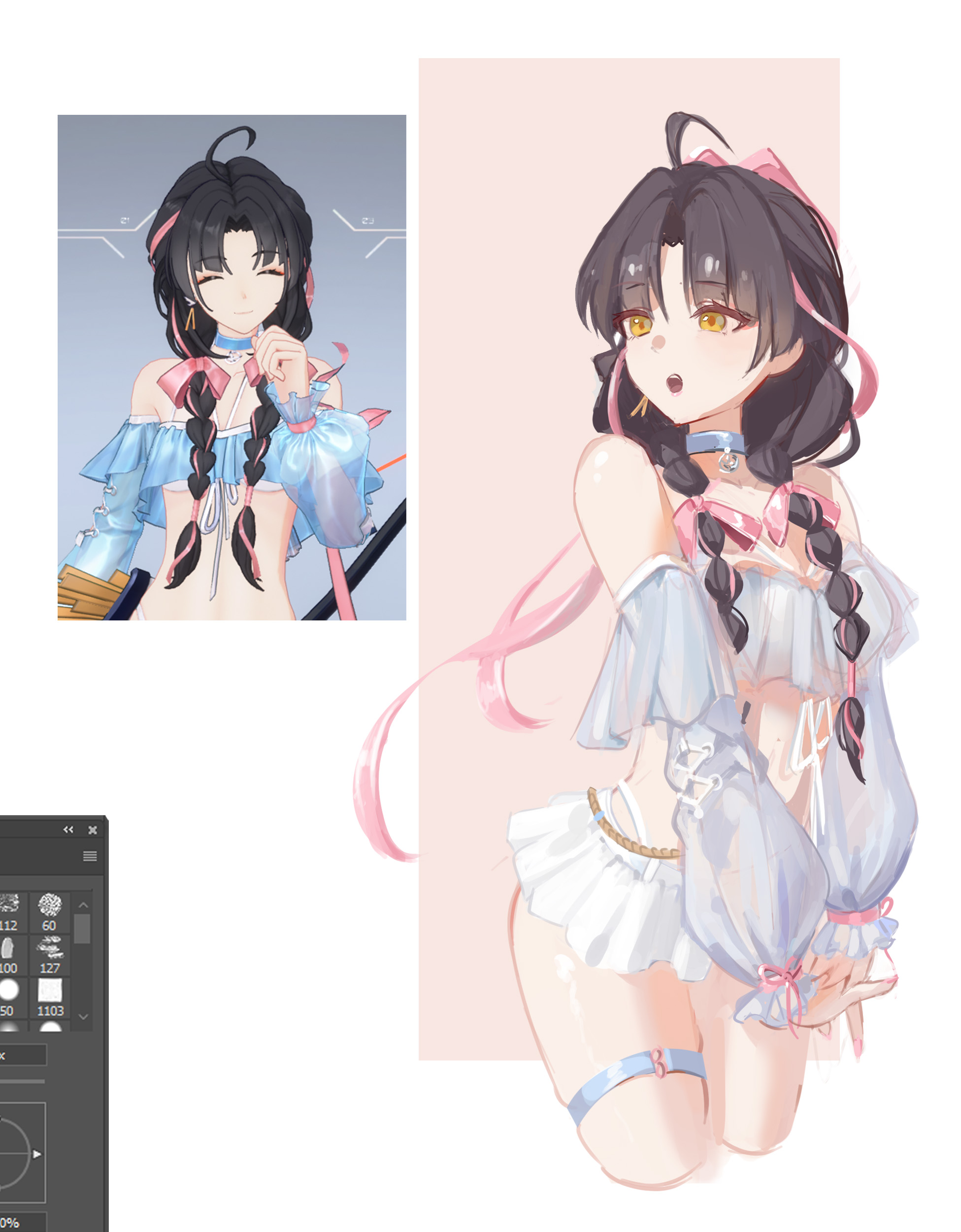 kyes, strinova, absurdres, highres, 1girl, ahoge, art program in frame, bikini, black hair, blue choker, braid, chiyo (ocean breeze) (strinova), chiyo (strinova), choker, detached sleeves, frilled bikini, frills, game screenshot inset, hair ribbon, long hair, looking to the side, low twin braids, official alternate costume, open mouth, own hands together, parted bangs, pink ribbon, ribbon, simple background, solo, swimsuit, thigh strap, twin braids, v arms, white bikini, white sleeves, yellow eyes