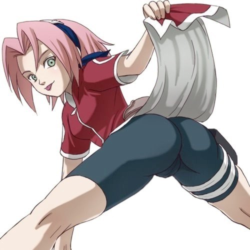 haruyama kazunori, haruno sakura, naruto, lowres, :p, ass, bent over, bike shorts, bumbum, cameltoe, looking back, pink hair, spandex, thighs, tongue, ward