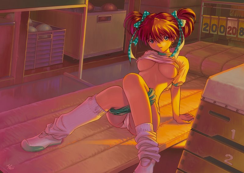 kobayashi yuji, souryuu asuka langley, neon genesis evangelion, duplicate, 1girl, ball, breasts, buruma, female focus, gym storeroom, indoors, legs, panties, solo, twintails, underboob, underwear