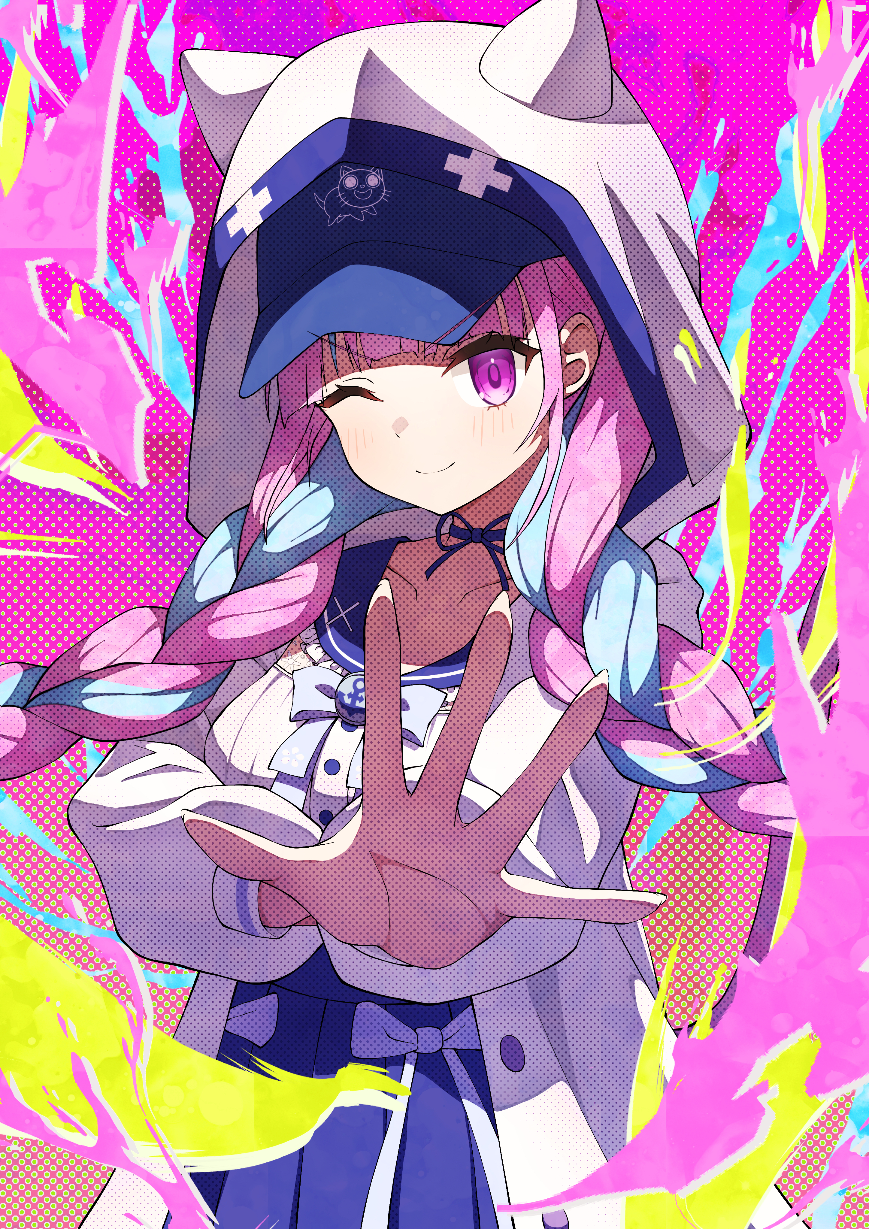 mionohoshi, minato aqua, minato aqua (sailor), neko (minato aqua), hololive, absurdres, commentary, highres, 1girl, anchor symbol, aqua hair, blue bow, blue bowtie, blue hat, blue ribbon, blue sailor collar, blue skirt, blush, bow, bowtie, braid, breasts, closed mouth, collarbone, frilled sailor collar, frills, hat, hood, hoodie, long hair, long sleeves, looking at viewer, multicolored hair, neck ribbon, one eye closed, pink background, pink eyes, pink hair, polka dot, ribbon, sailor collar, shirt, skirt, smile, solo, streaked hair, twin braids, twintails, two-tone hair, virtual youtuber, white bow, white hoodie, white shirt