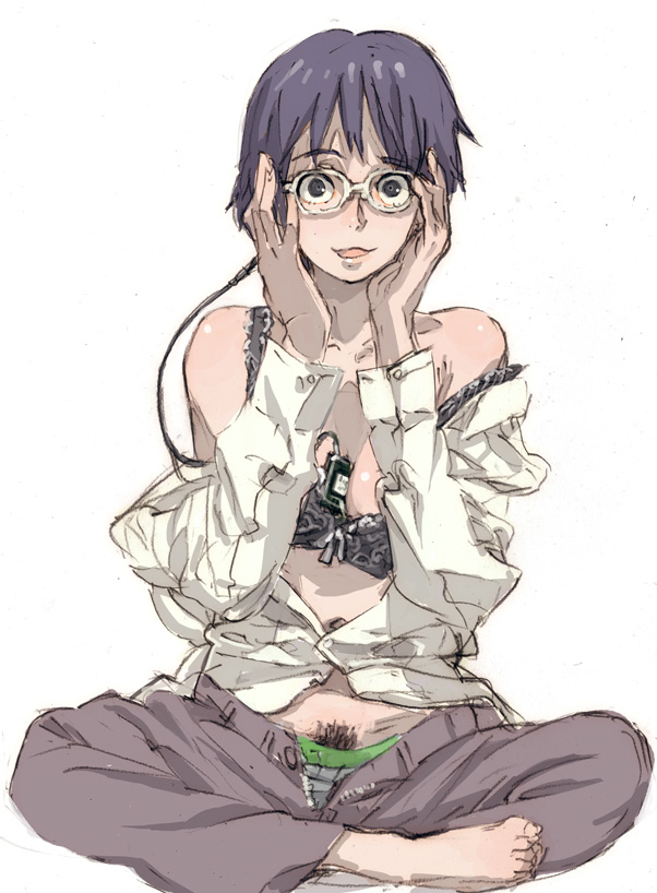 bakyotimu, original, 1girl, adjusting eyewear, bad anatomy, bad feet, bare shoulders, barefoot, between breasts, bra, breasts, earphones, feet, female focus, female pubic hair, glasses, headphones, lingerie, open clothes, open shirt, pants, poorly drawn, pubic hair, shirt, solo, underwear, zipper