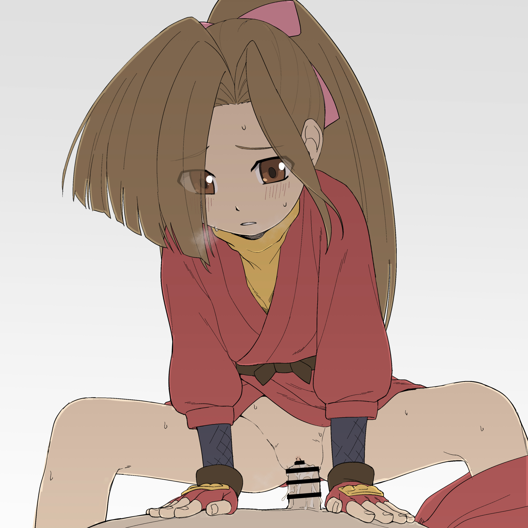 nanina (nijnan), fujibayashi suzu, tales of (series), tales of phantasia, highres, 1boy, 1girl, brown hair, cowgirl position, fingerless gloves, girl on top, gloves, heavy breathing, hetero, ninja, penis, sex, solo focus, straddling, vaginal