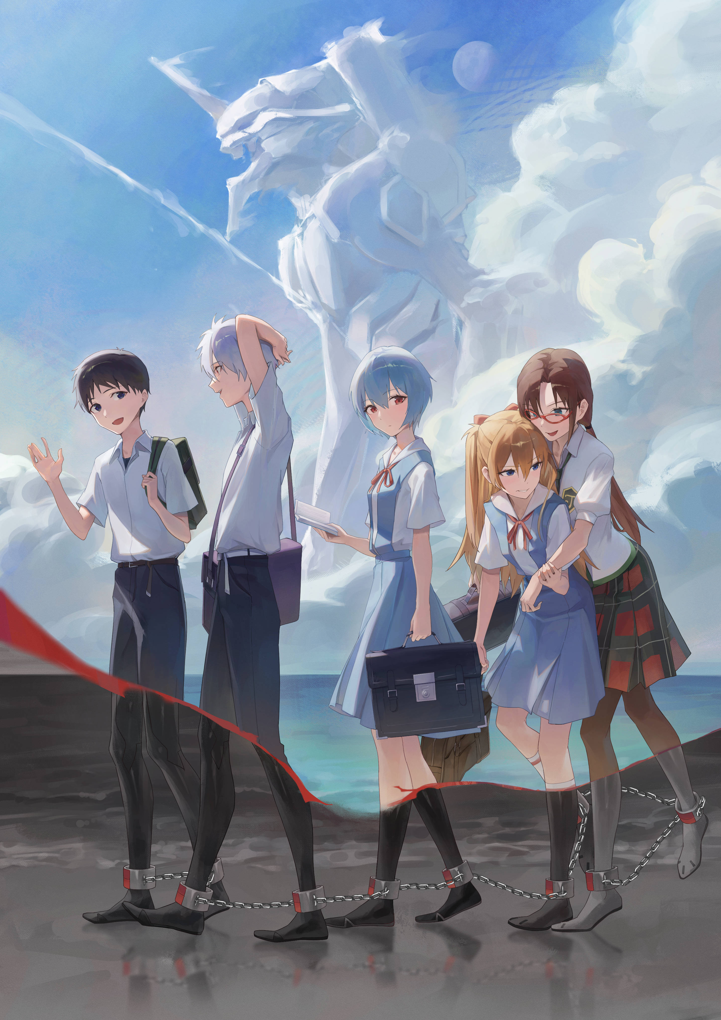 satellite999, ayanami rei, eva 01, ikari shinji, makinami mari illustrious, nagisa kaworu, souryuu asuka langley, neon genesis evangelion, absurdres, commentary request, highres, 2boys, 3girls, arm up, backpack, bag, belt, black bag, black belt, black hair, black necktie, black pants, black skirt, blue dress, blue eyes, blue hair, book, brown bag, brown hair, brown pantyhose, closed mouth, cloud, contrail, cuffs, curtained hair, day, dress, full body, glasses, green bag, hair between eyes, hand on another's arm, holding, holding bag, holding book, interface headset (evangelion), kneehighs, long hair, looking at another, mecha pilot suit, moon, multiple boys, multiple girls, neck ribbon, necktie, ocean, open book, open mouth, orange hair, outdoors, pants, pantyhose, pinafore dress, pleated skirt, plugsuit (evangelion), red-framed eyewear, red eyes, red ribbon, ribbon, school bag, school uniform, shackles, shirt, short hair, short sleeves, shoulder bag, skirt, sky, sleeveless, sleeveless dress, socks, split theme, tokyo-3 middle school uniform, very short hair, walking, white hair, white shirt, white socks