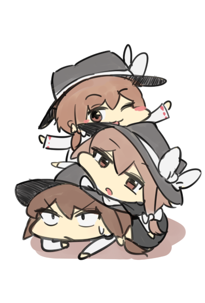 usuaji, usami renko, touhou, blush, brown eyes, brown hair, capelet, fedora, hat, multiple persona, outstretched arms, shirt, sweat, white background, white shirt