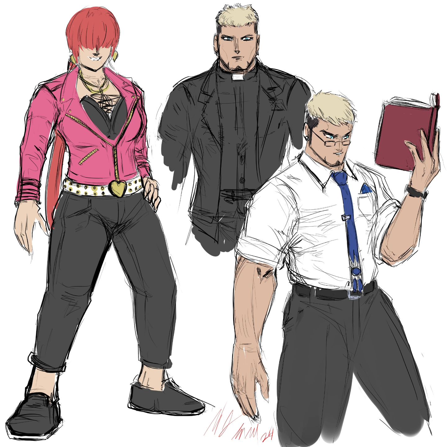 goenitz, shermie (kof), the king of fighters, 1boy, 1girl, book, earrings, female focus, formal clothes, heart, jacket, jewelry, long hair, pants, ponytail, reading, red hair, shirt, shoes, smile, standing, taurence bell, thighs, white shirt