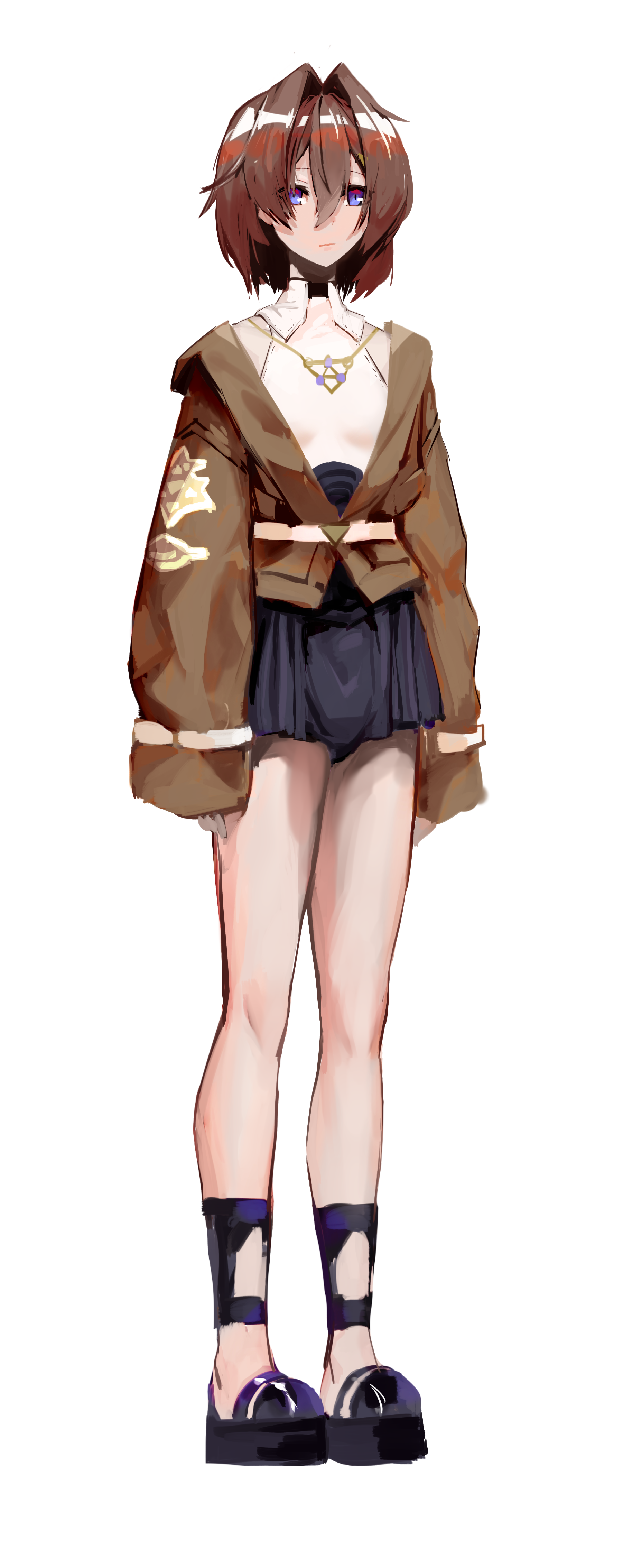 zxjv, ange katrina, ange katrina (2nd costume), nijisanji, absurdres, commentary request, highres, 1girl, ankle strap, belt, black shoes, blue eyes, blue shorts, breasts, brown jacket, closed mouth, collared shirt, double-parted bangs, expressionless, full body, gold necklace, hair between eyes, hair intakes, halter shirt, halterneck, high-waist shorts, jacket, jewelry, long bangs, looking ahead, necklace, platform shoes, pleated shorts, red hair, shirt, shirt tucked in, shoes, short hair, shorts, simple background, sleeveless, sleeveless shirt, sleeves past wrists, small breasts, solo, standing, virtual youtuber, white background, white belt