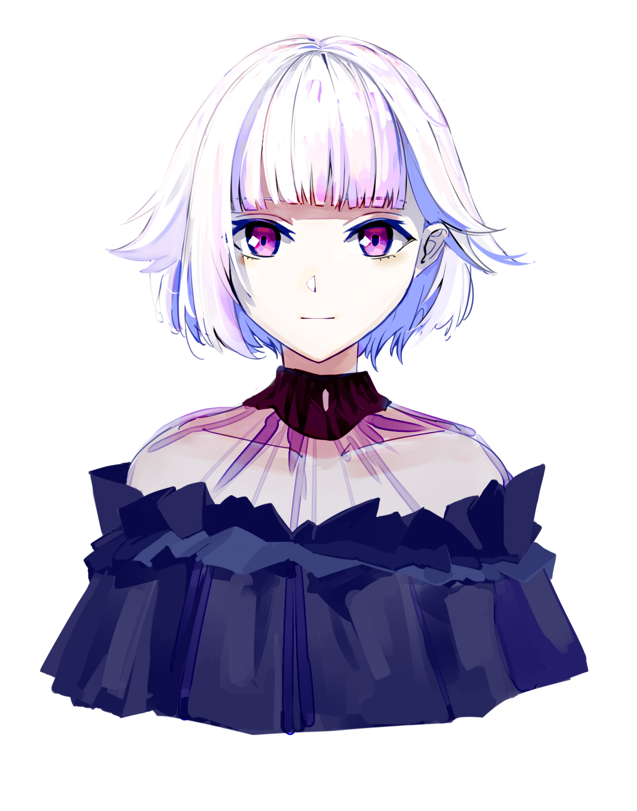 zxjv, lize helesta, nijisanji, commentary request, highres, 1girl, alternate costume, blue hair, blue shirt, closed mouth, collarbone, collared shirt, colored inner hair, cropped torso, hair behind ear, looking at viewer, multicolored hair, purple eyes, see-through clothes, see-through shirt, shirt, short hair, simple background, straight-on, streaked hair, virtual youtuber, white background, white hair