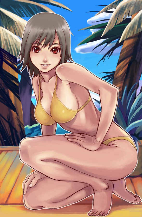ryuntack, original, hand on thigh, bad id, bad pixiv id, 1girl, barefoot, bikini, breasts, brown hair, feet, female focus, fingernails, full body, hand on own knee, kneeling, large breasts, looking at viewer, on one knee, outline, palm tree, red eyes, short hair, smile, solo, swimsuit, toenails, toes, tree, yellow bikini