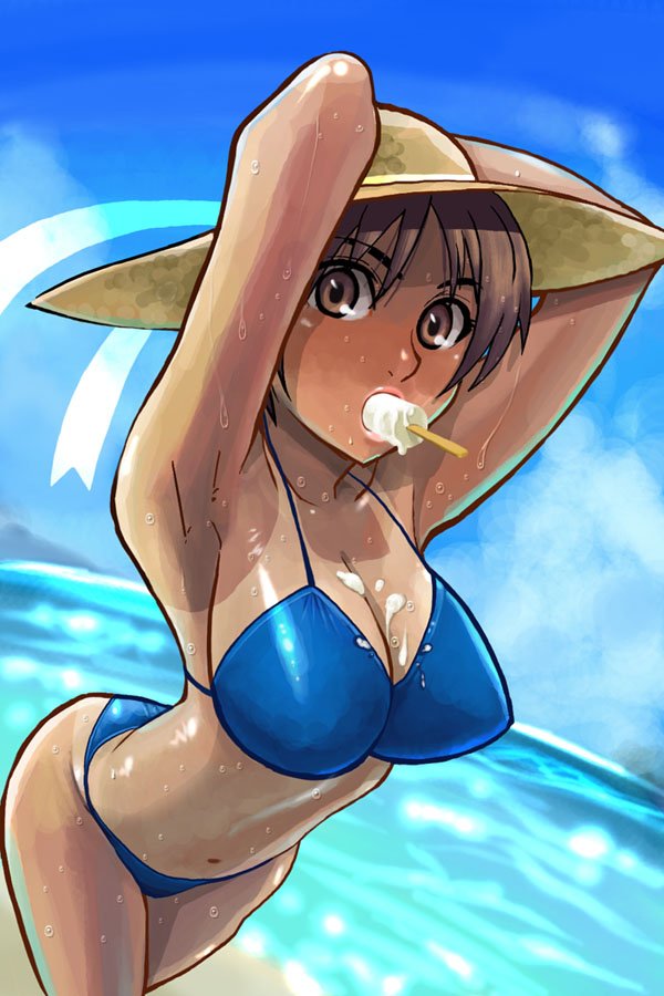 ryuntack, bad id, bad pixiv id, 1girl, armpits, arms up, beach, bikini, blue bikini, breasts, brown eyes, cleavage, cloud, day, female focus, fisheye, food, foreshortening, hat, ice cream, large breasts, looking at viewer, mouth hold, ocean, one-piece tan, outdoors, popsicle, solo, swimsuit, tan, tanline, wet
