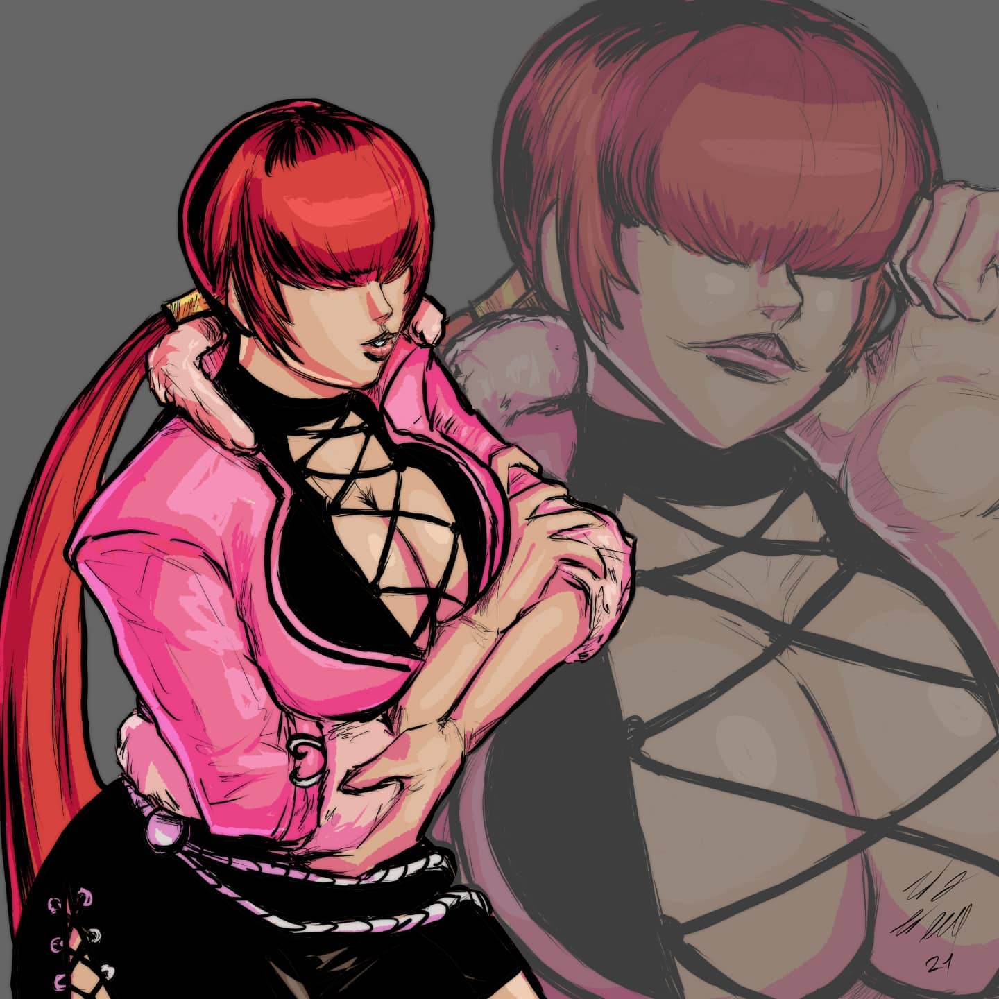 shermie (kof), the king of fighters, 1girl, breasts, cleavage, cleavage cutout, clothing cutout, curvy, dress, female focus, fishnets, fluffy, huge breasts, jacket, large breasts, long hair, pale skin, ponytail, red hair, skirt, standing, taurence bell, thick thighs, thighs, wide hips