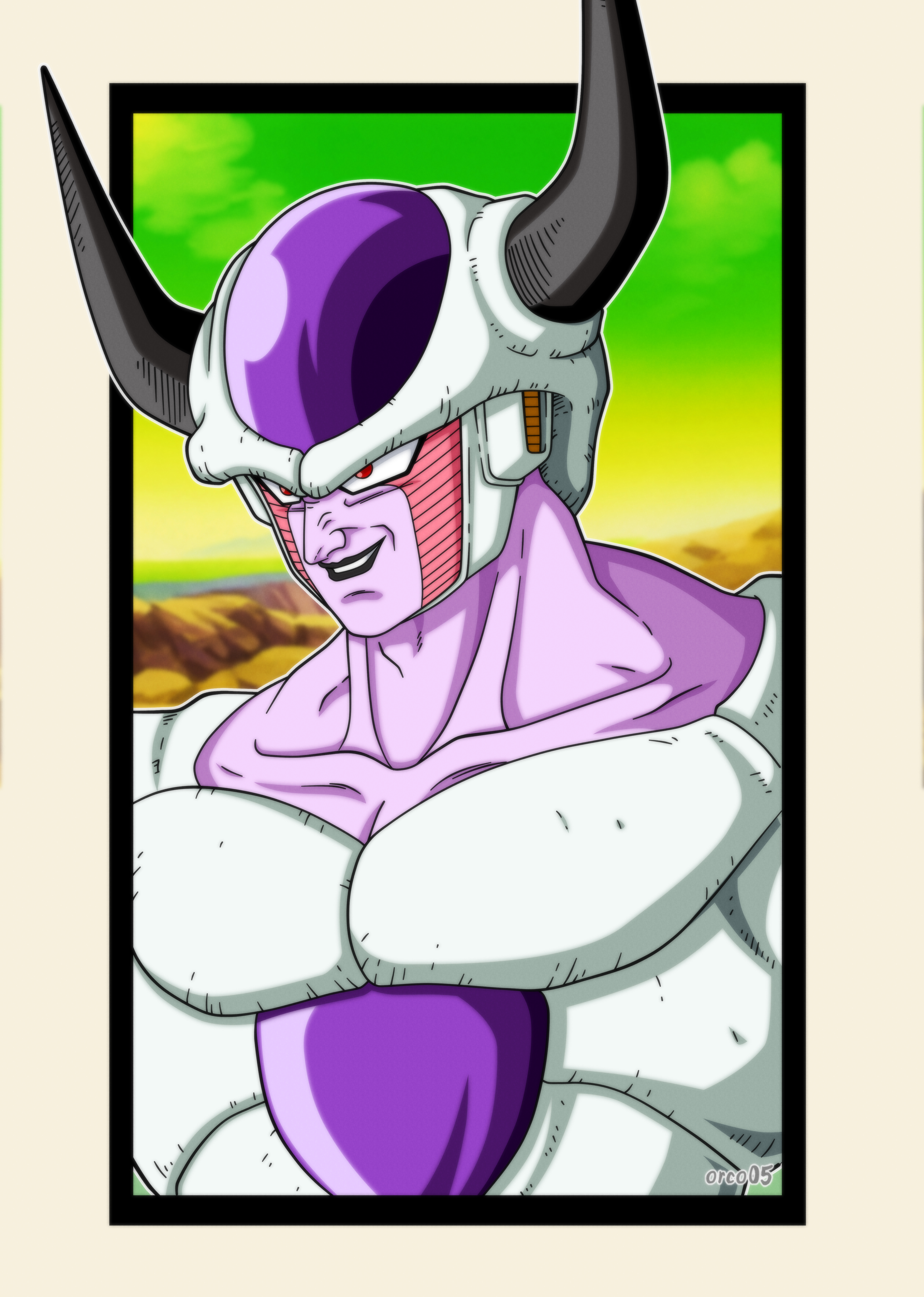 orco05, frieza, dragon ball, dragonball z, tagme, 1boy, alien, black lips, blurry, colored skin, evil grin, evil smile, grin, horns, namek, purple skin, red eyes, sign, signature, smile, smirk, solo, tall male, tally, teeth, transformation