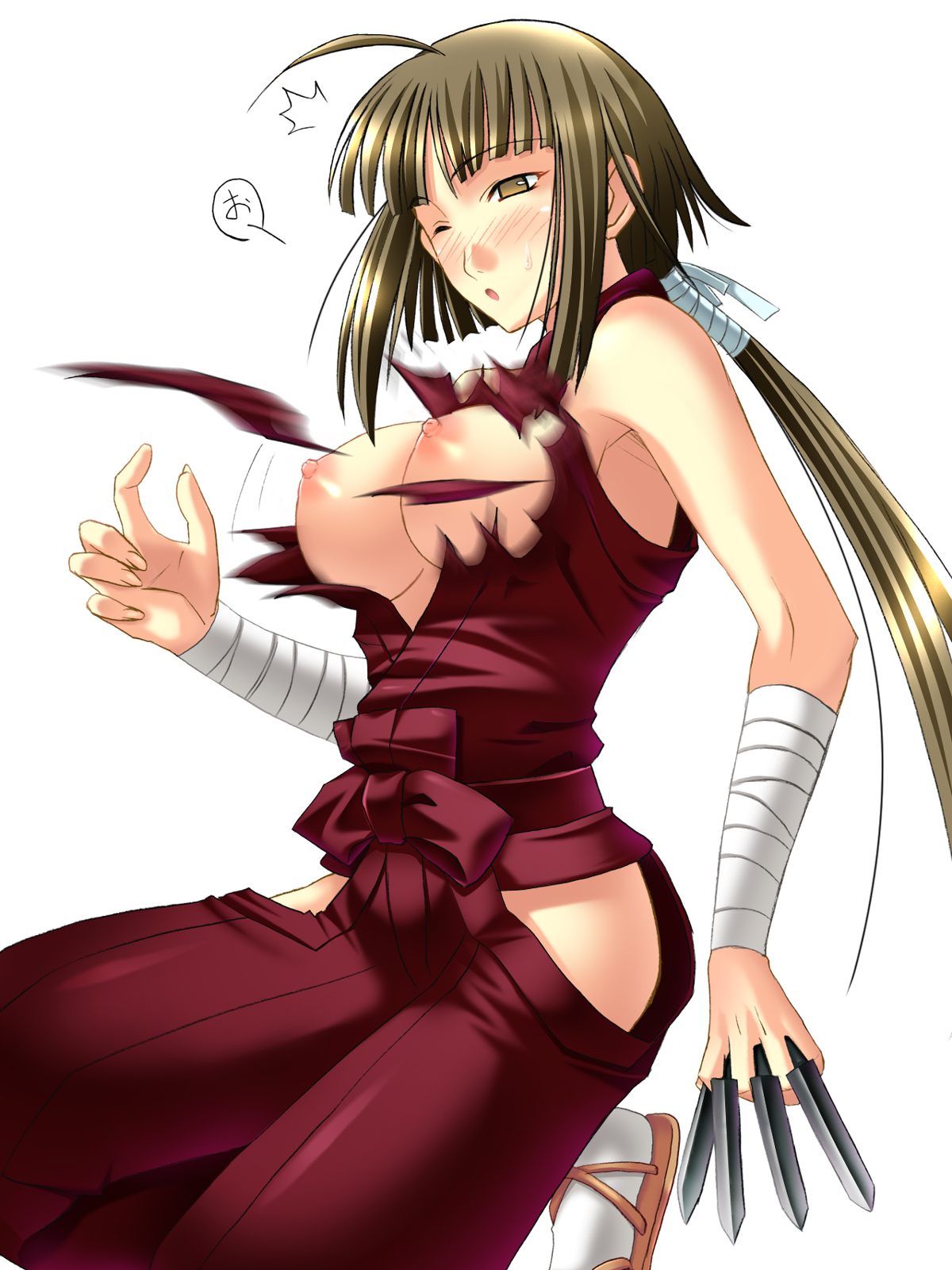 ichimedoo, nagase kaede, mahou sensei negima!, highres, 00s, 1girl, bandages, blush, breasts, brown eyes, brown hair, female focus, japanese clothes, knife, long hair, ninja, ponytail, solo, tearing clothes, torn clothes