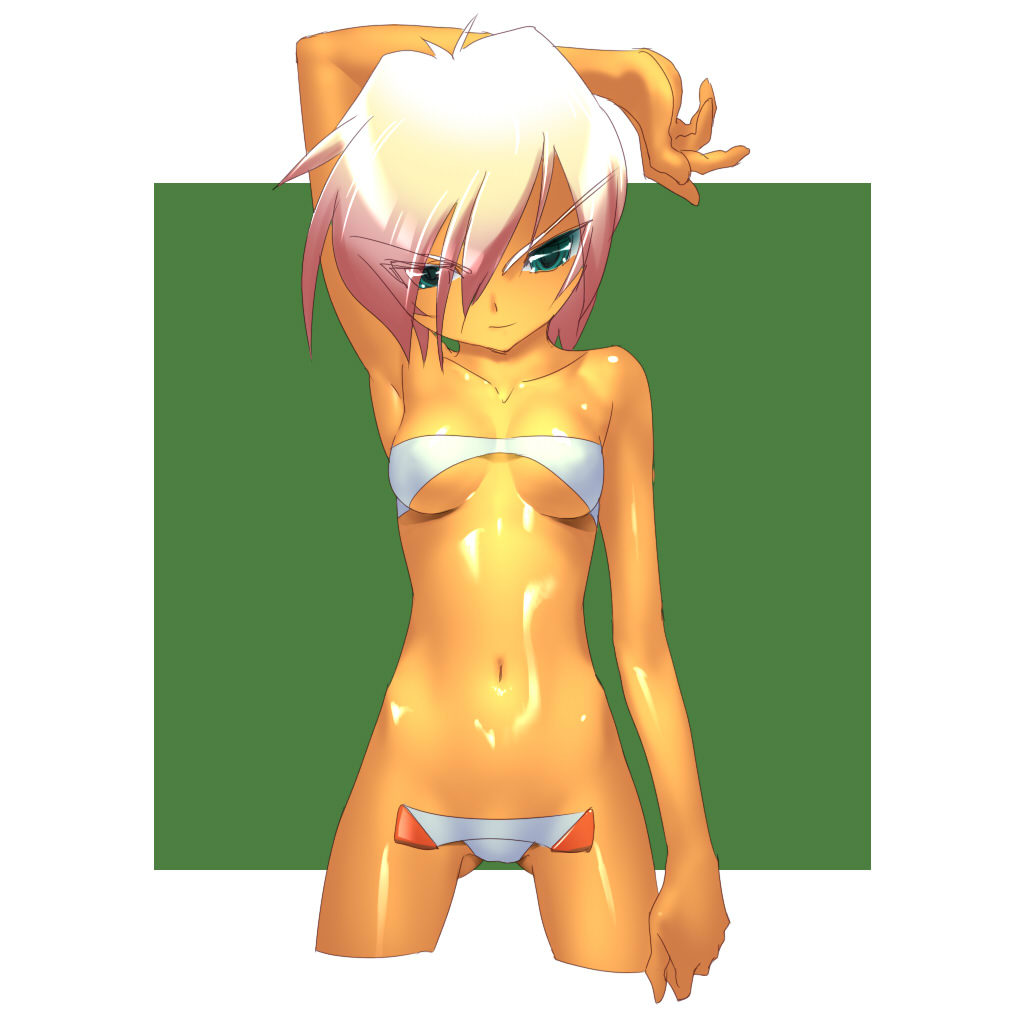 nadeara bukichi, original, 1girl, arm behind head, arm up, armpits, bandeau, bkt, breasts, c-string, cowboy shot, cropped legs, female focus, green eyes, hip bones, maebari, navel, shiny skin, short hair, solo, strapless, strapless bottom, tan, tube top, white hair
